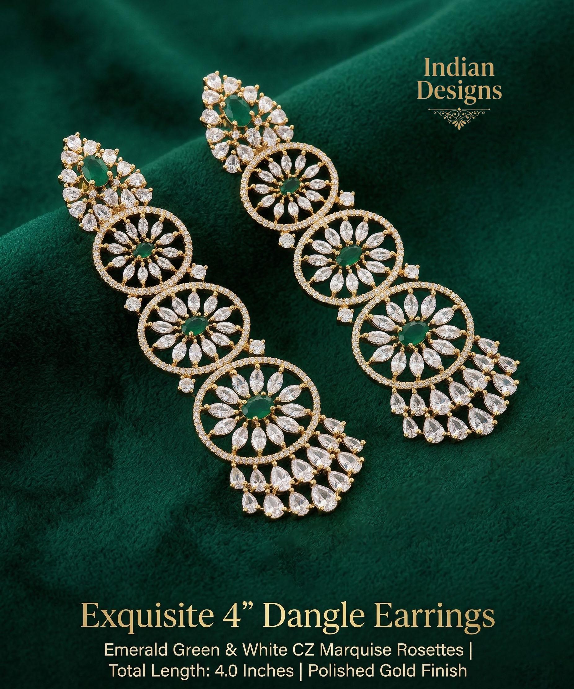 Green Emerald CZ Stones Statement Earrings| Wedding Party wear earrings| American Diamond Luxury dangler earrings| Bollywood style earrings