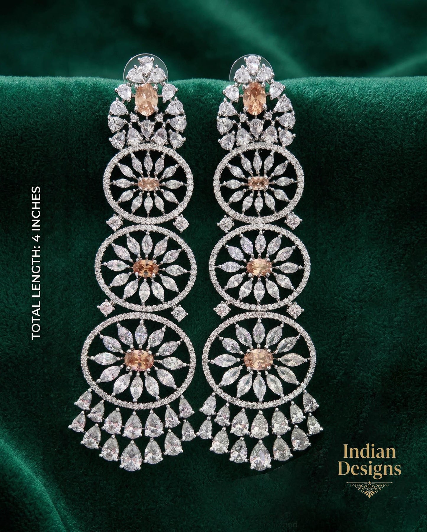 Green Emerald CZ Stones Statement Earrings| Wedding Party wear earrings| American Diamond Luxury dangler earrings| Bollywood style earrings