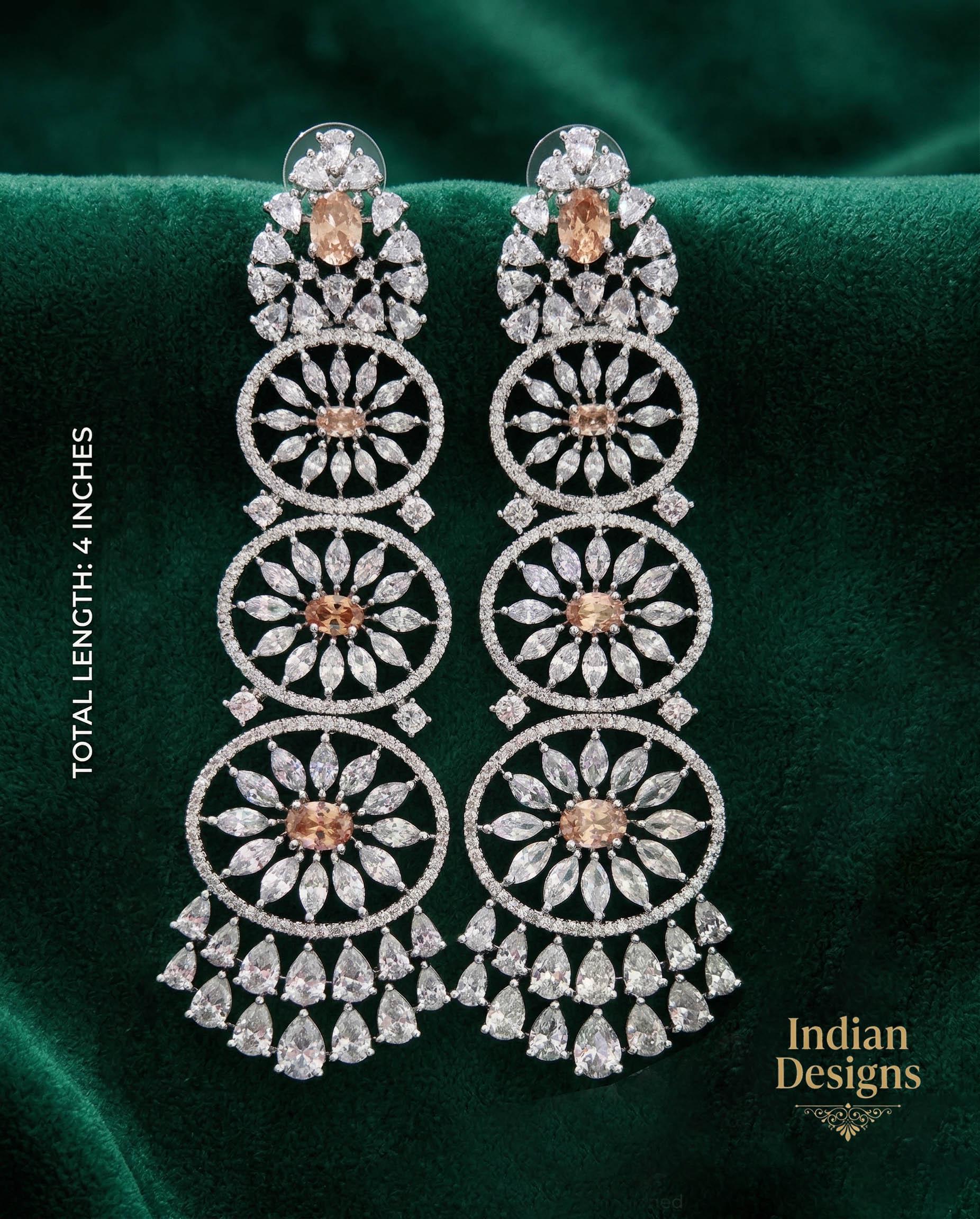 Green Emerald CZ Stones Statement Earrings| Wedding Party wear earrings| American Diamond Luxury dangler earrings| Bollywood style earrings