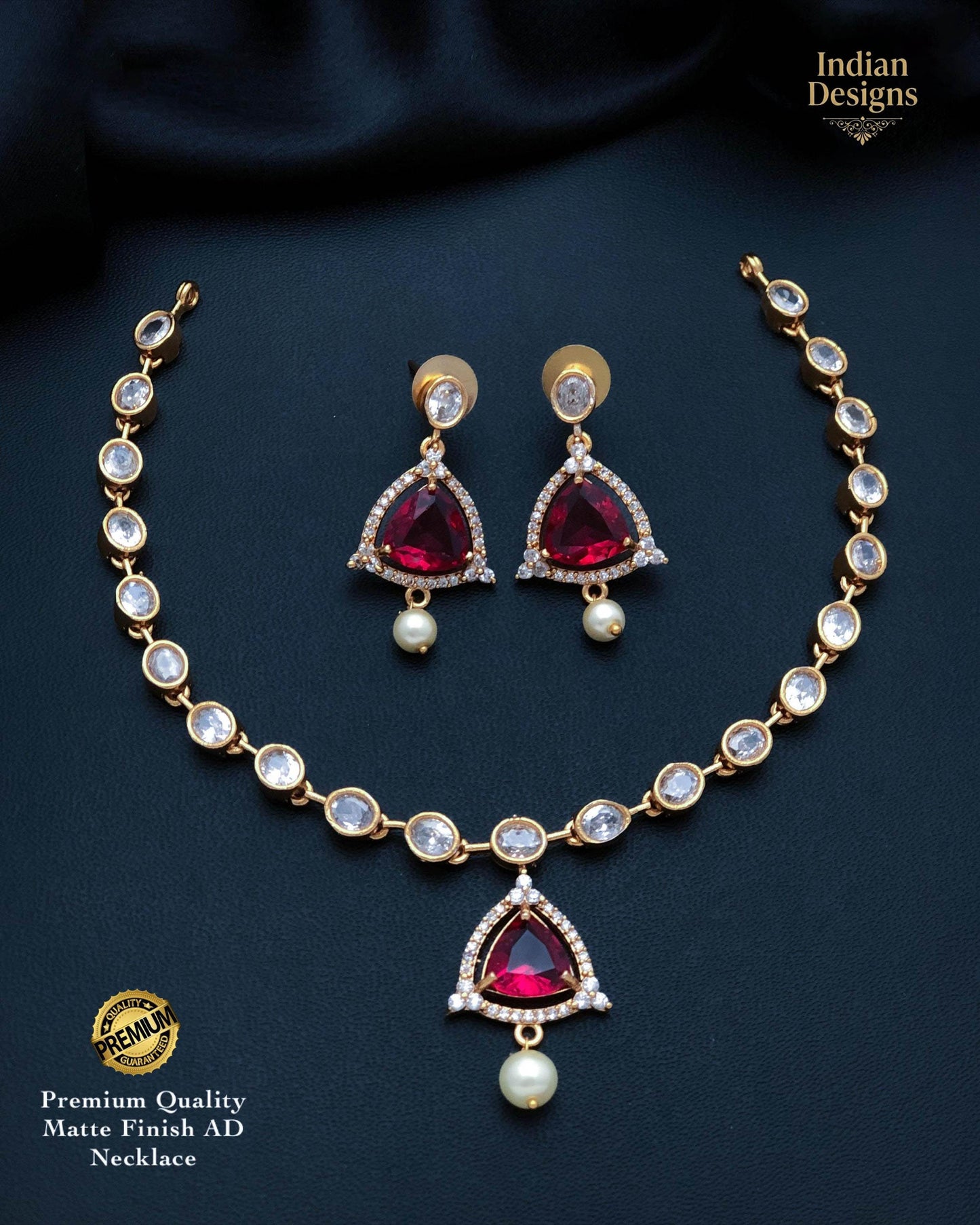 Matte Gold Finish AD Necklace Set with Triangular Stone & Pearl Drop| American Diamond Jewelry| Indian Wedding Choker| Gift for her