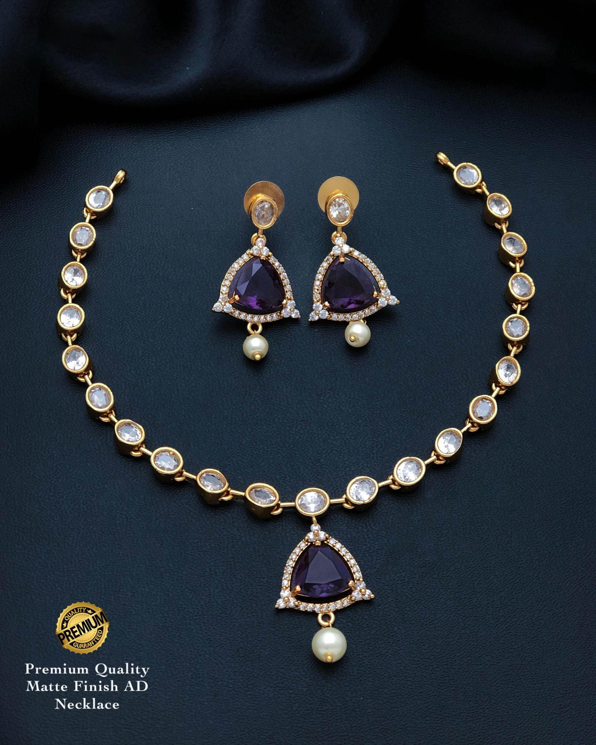 Matte Gold Finish AD Necklace Set with Triangular Stone & Pearl Drop| American Diamond Jewelry| Indian Wedding Choker| Gift for her