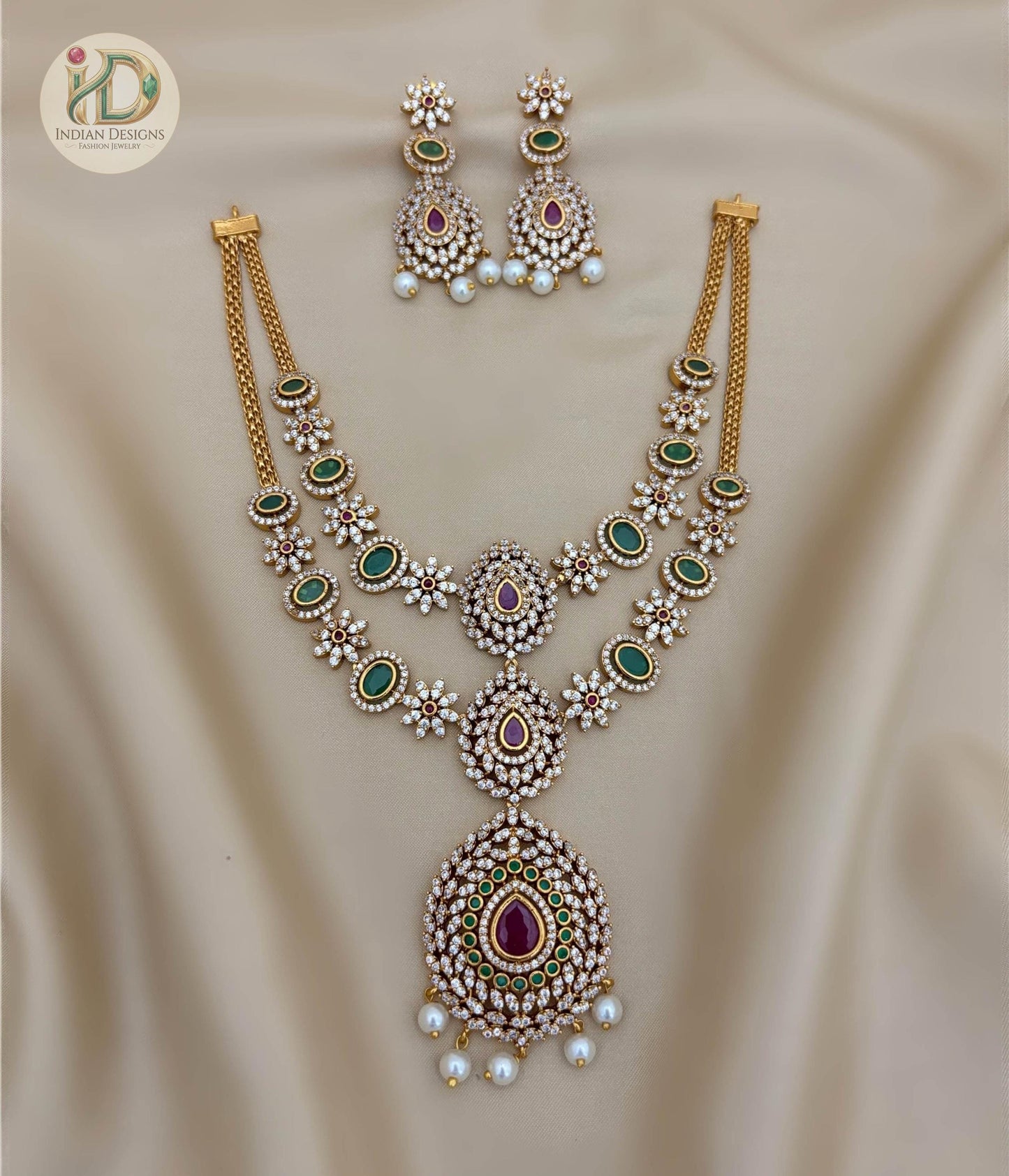 Traditional Indian Necklace Set with Earrings| Bridal Jewelry, Green and Maroon Stone Pearl Drop Statement Necklace| Wedding Party Jewelry