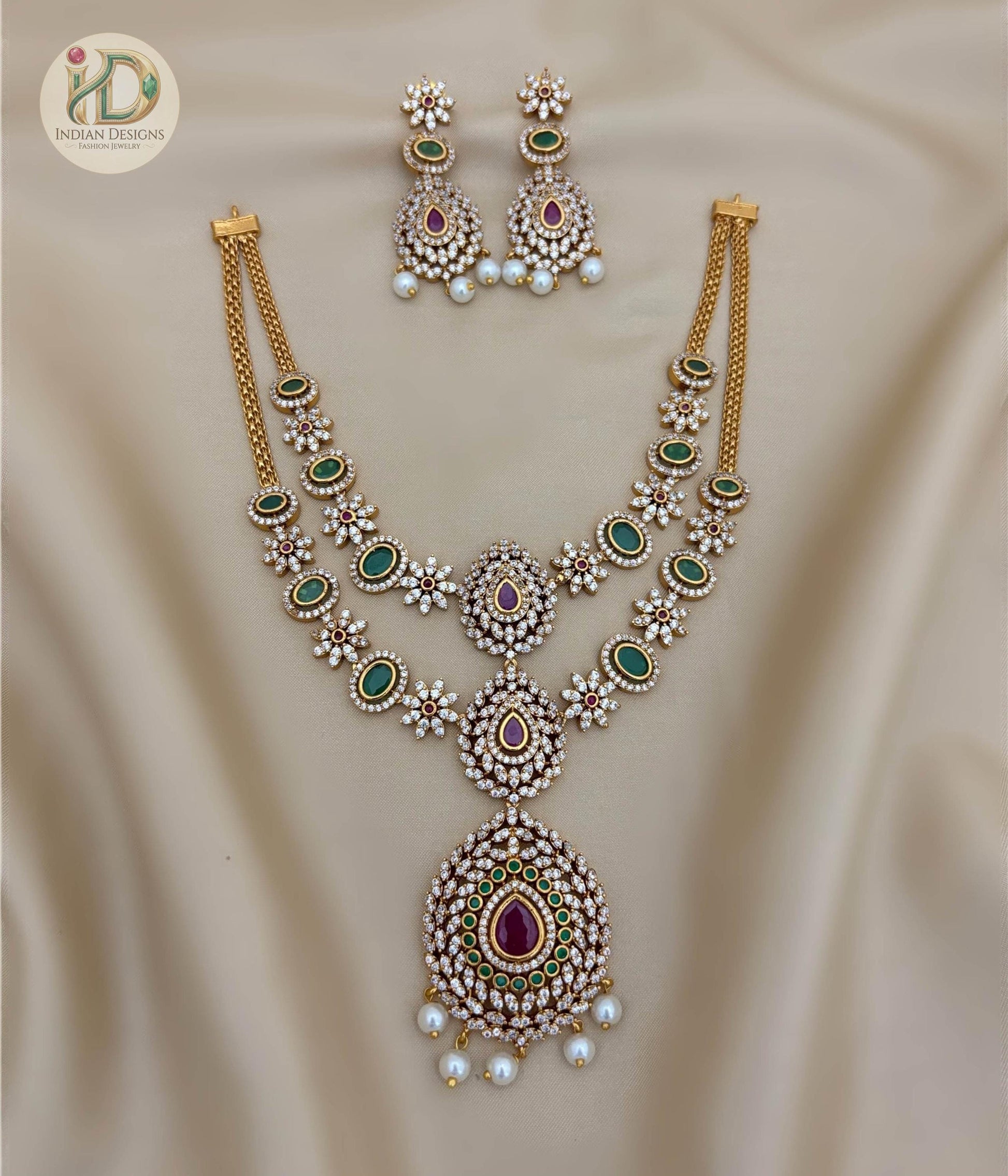 Traditional Indian Necklace Set with Earrings| Bridal Jewelry, Green and Maroon Stone Pearl Drop Statement Necklace| Wedding Party Jewelry