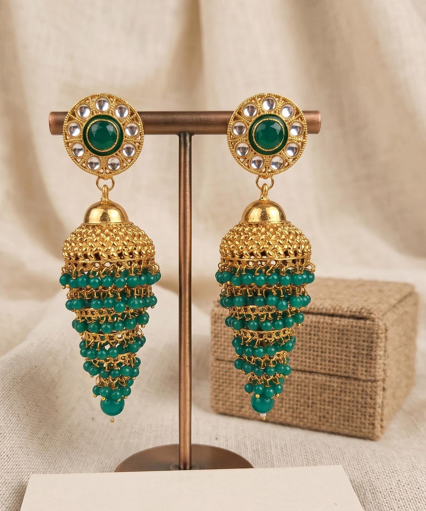 Gold Plated Jhumka jhumki Earrings with Red and Green bead drops, Kundan Polki Jhumka, Pakistani Jhumka, Punjabi Jhumka