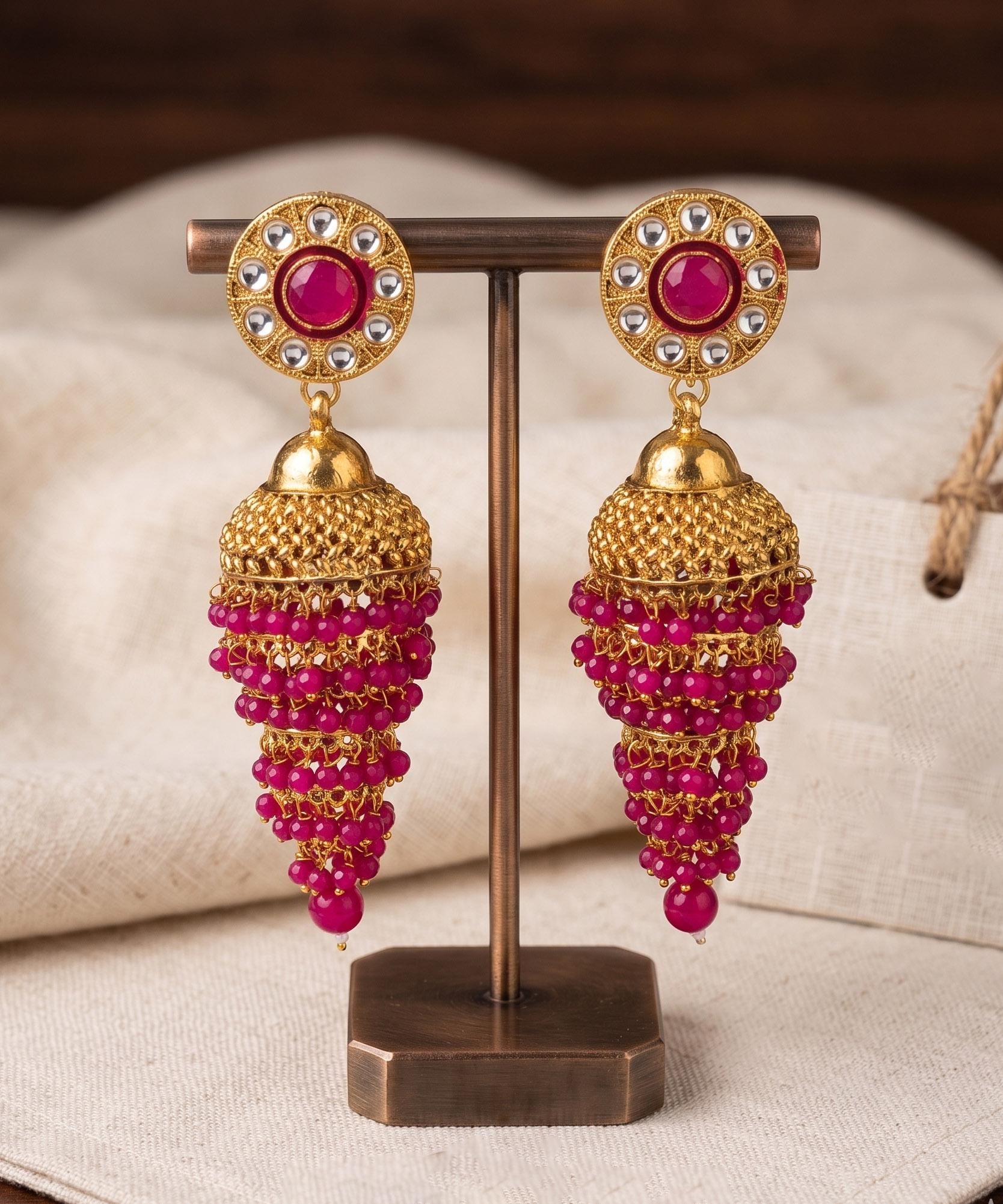 Gold Plated Jhumka jhumki Earrings with Red and Green bead drops, Kundan Polki Jhumka, Pakistani Jhumka, Punjabi Jhumka