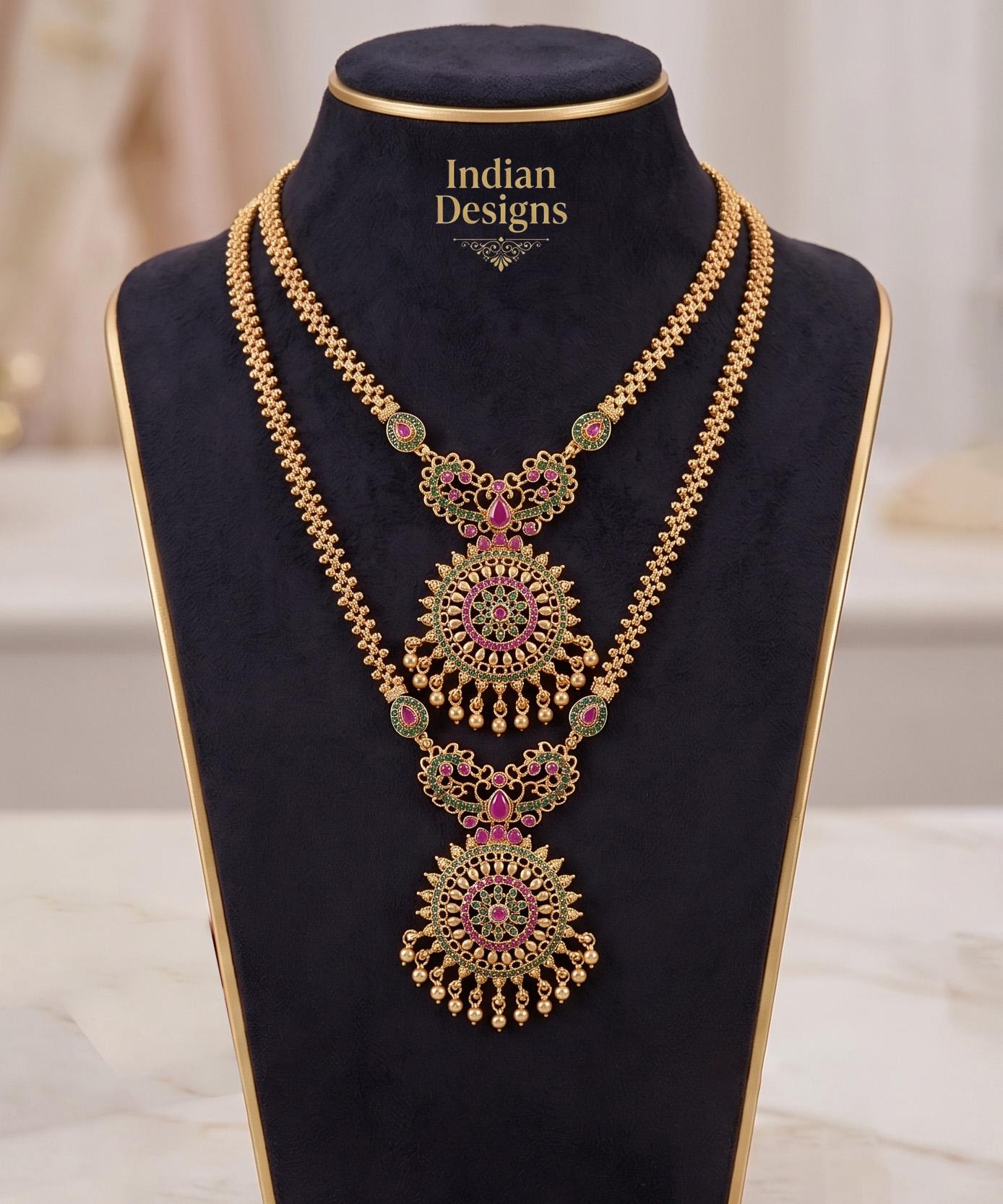 Traditional South Indian Temple Jewelry Necklace Combo| 2-Piece Long & Short Haram Set| Antique Gold Set| Statement Necklace| Gift for Her