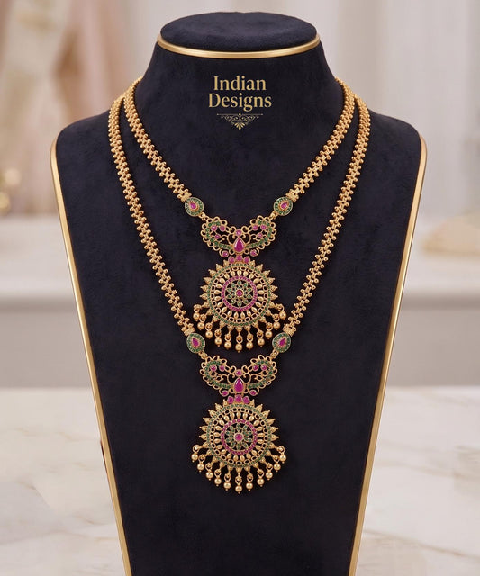 Traditional South Indian Temple Jewelry Necklace Combo| 2-Piece Long & Short Haram Set| Antique Gold Set| Statement Necklace| Gift for Her