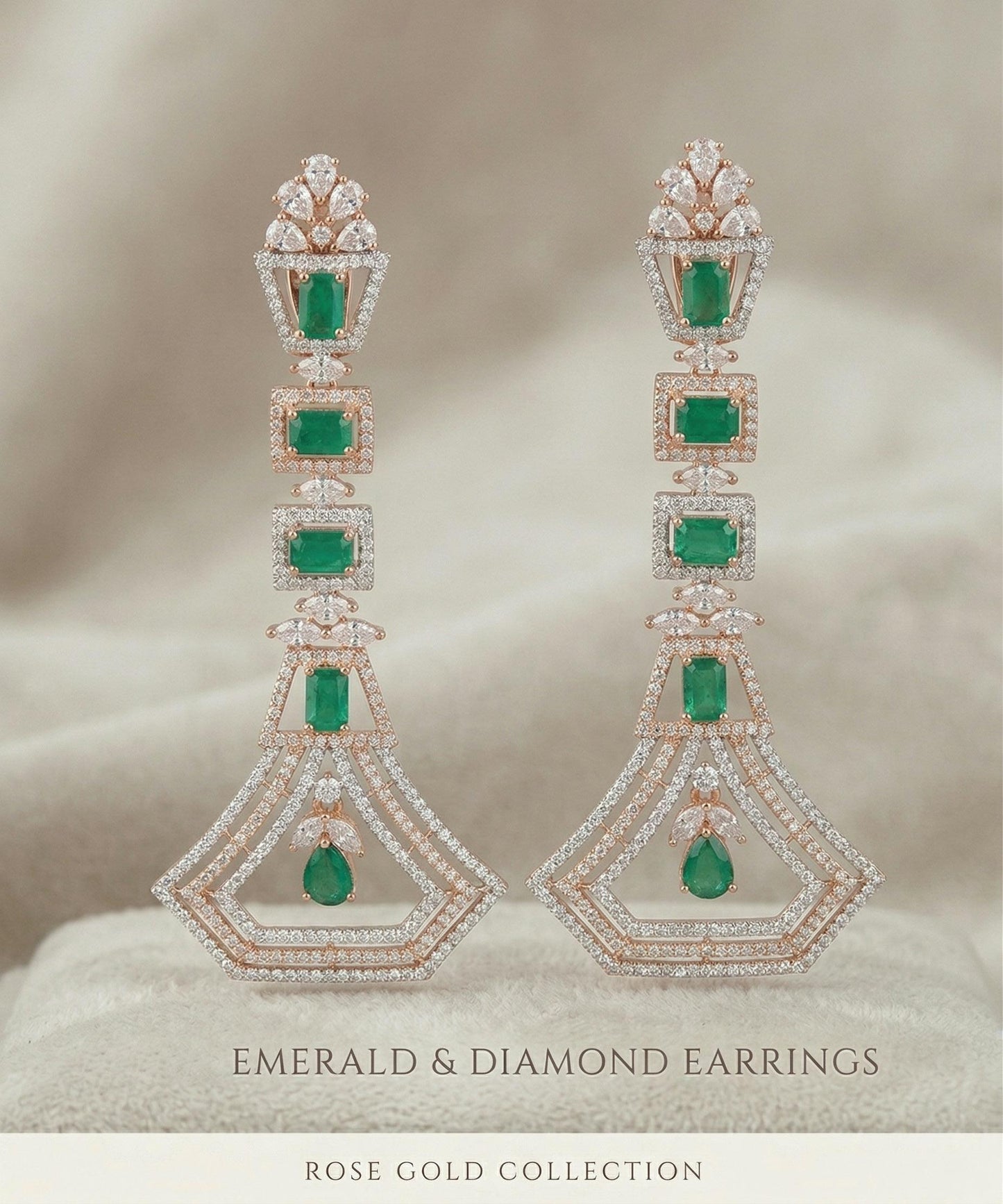 Art Deco Geometric Drop Earrings in 18K Rose Gold Finish| Long Statement Dangle Earrings for wedding| Emerald Pink Sapphire Bridal Jewelry