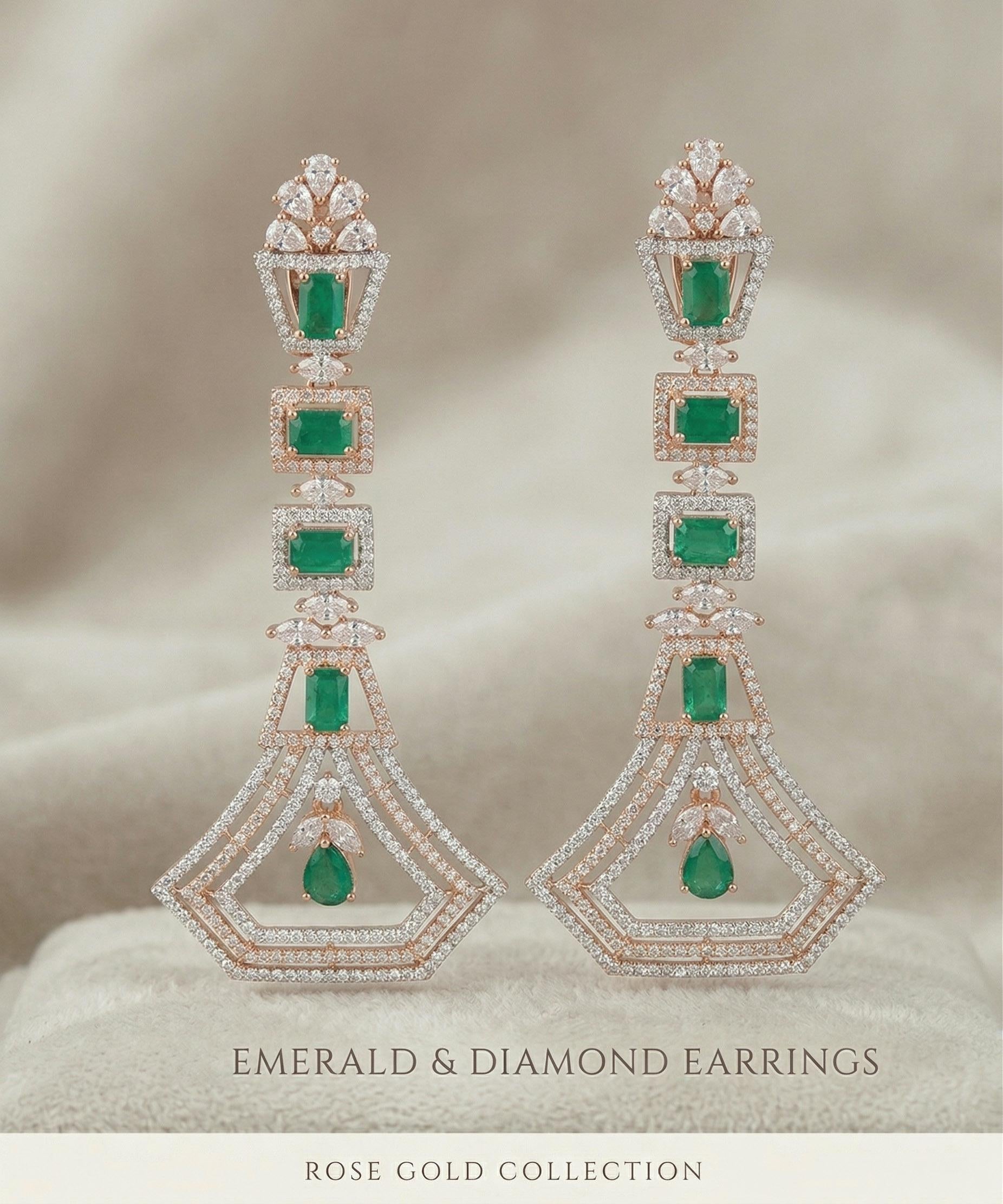 Art Deco Geometric Drop Earrings in 18K Rose Gold Finish| Long Statement Dangle Earrings for wedding| Emerald Pink Sapphire Bridal Jewelry