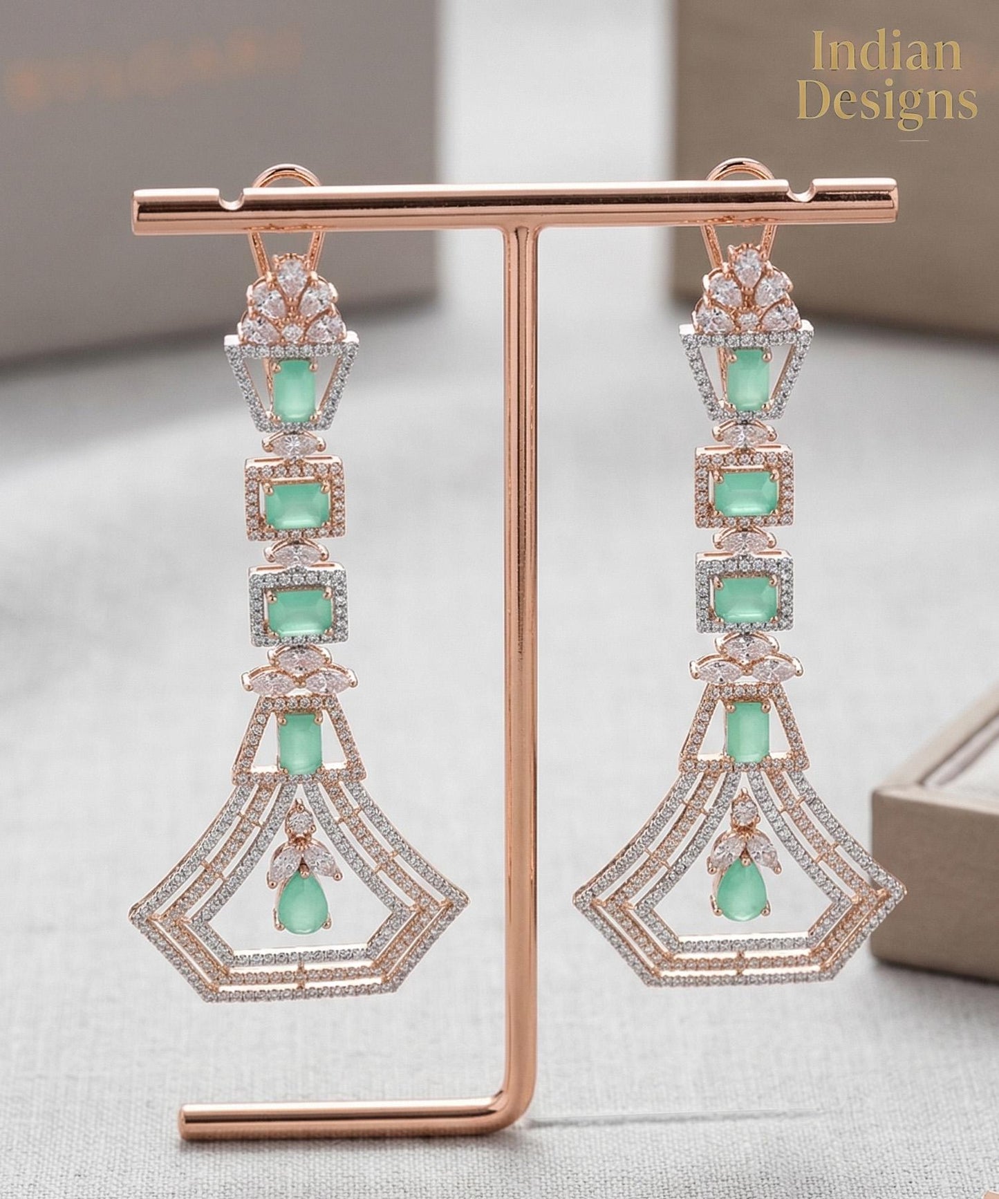 Art Deco Geometric Drop Earrings in 18K Rose Gold Finish| Long Statement Dangle Earrings for wedding| Emerald Pink Sapphire Bridal Jewelry