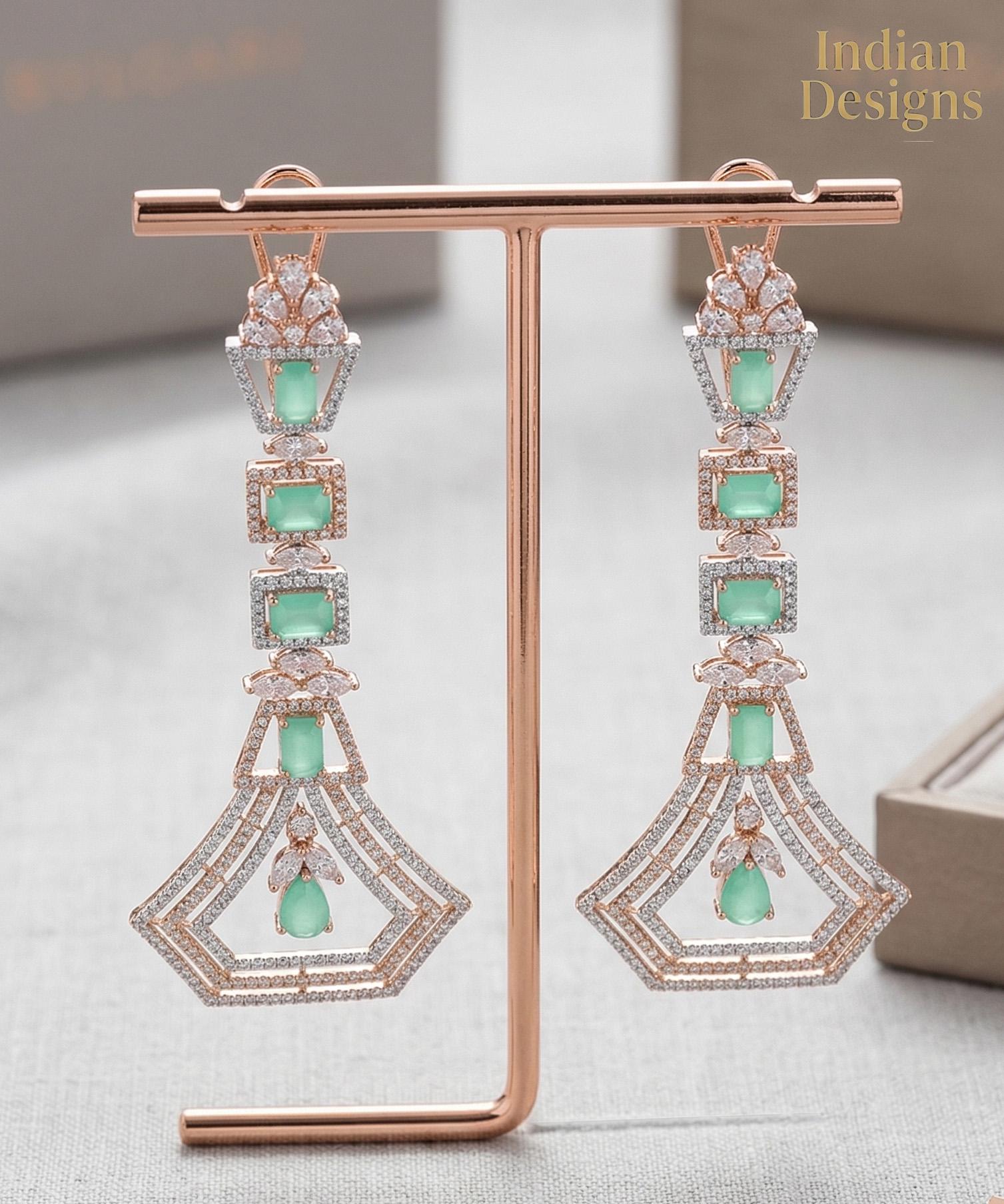 Art Deco Geometric Drop Earrings in 18K Rose Gold Finish| Long Statement Dangle Earrings for wedding| Emerald Pink Sapphire Bridal Jewelry