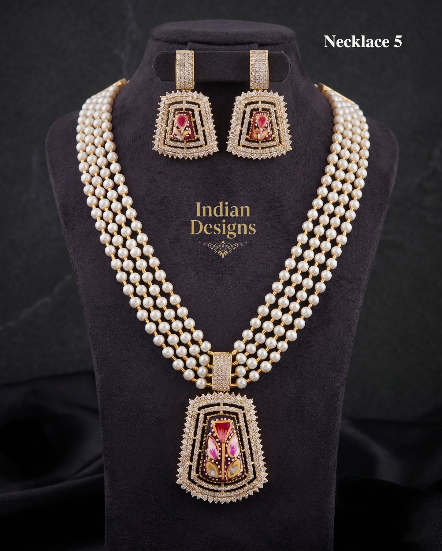 Multi strand pearl layered necklace| Synthetic Pearl Mala for Weddings & Bridal Wear| Hand-Painted Floral Enamel Pendant Set| gift for her