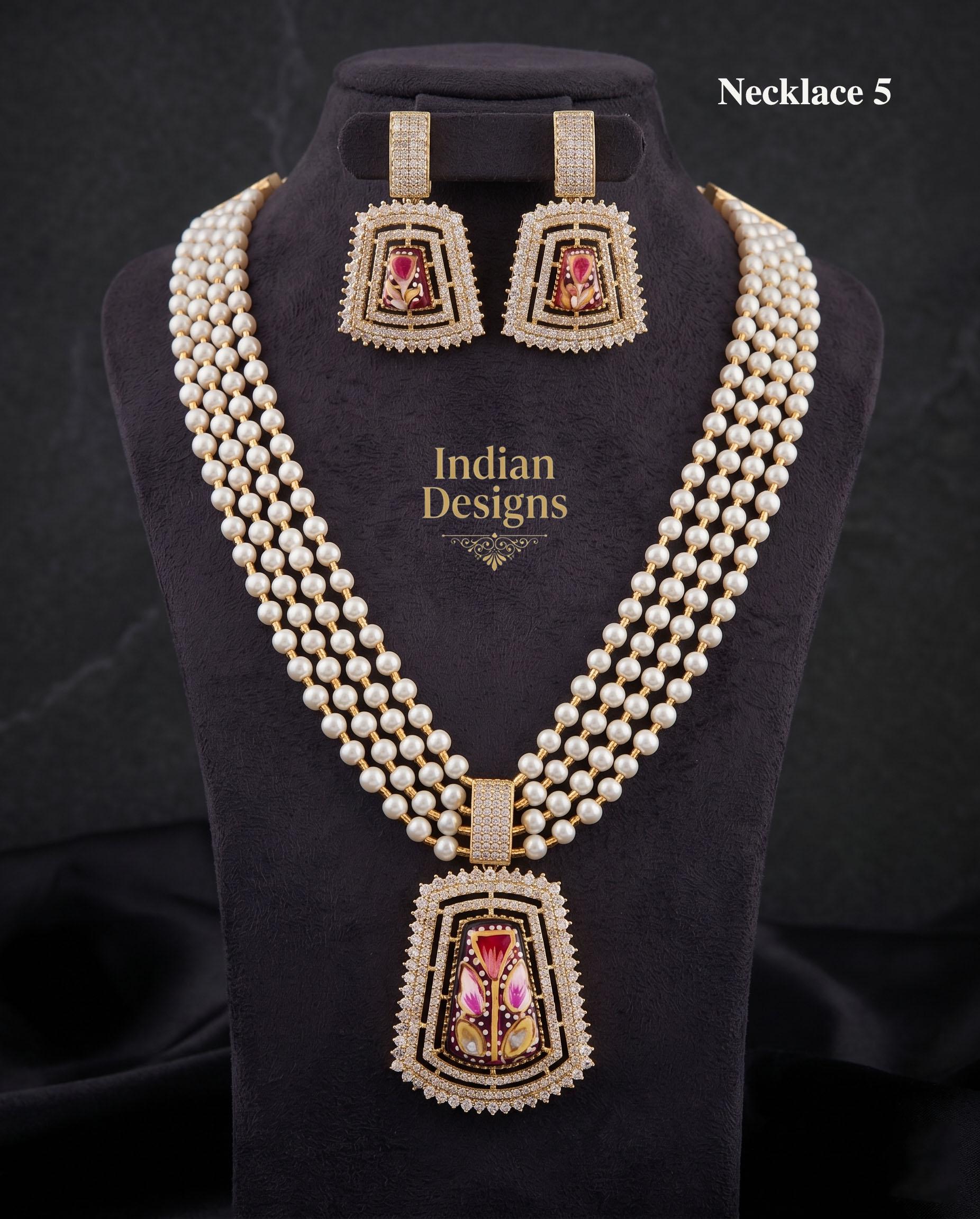 Multi strand pearl layered necklace| Synthetic Pearl Mala for Weddings & Bridal Wear| Hand-Painted Floral Enamel Pendant Set| gift for her