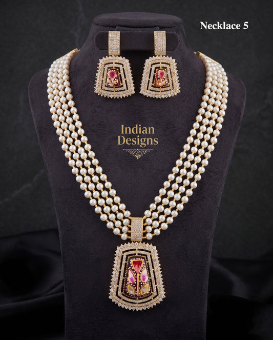 Multi strand pearl layered necklace| Synthetic Pearl Mala for Weddings & Bridal Wear| Hand-Painted Floral Enamel Pendant Set| gift for her