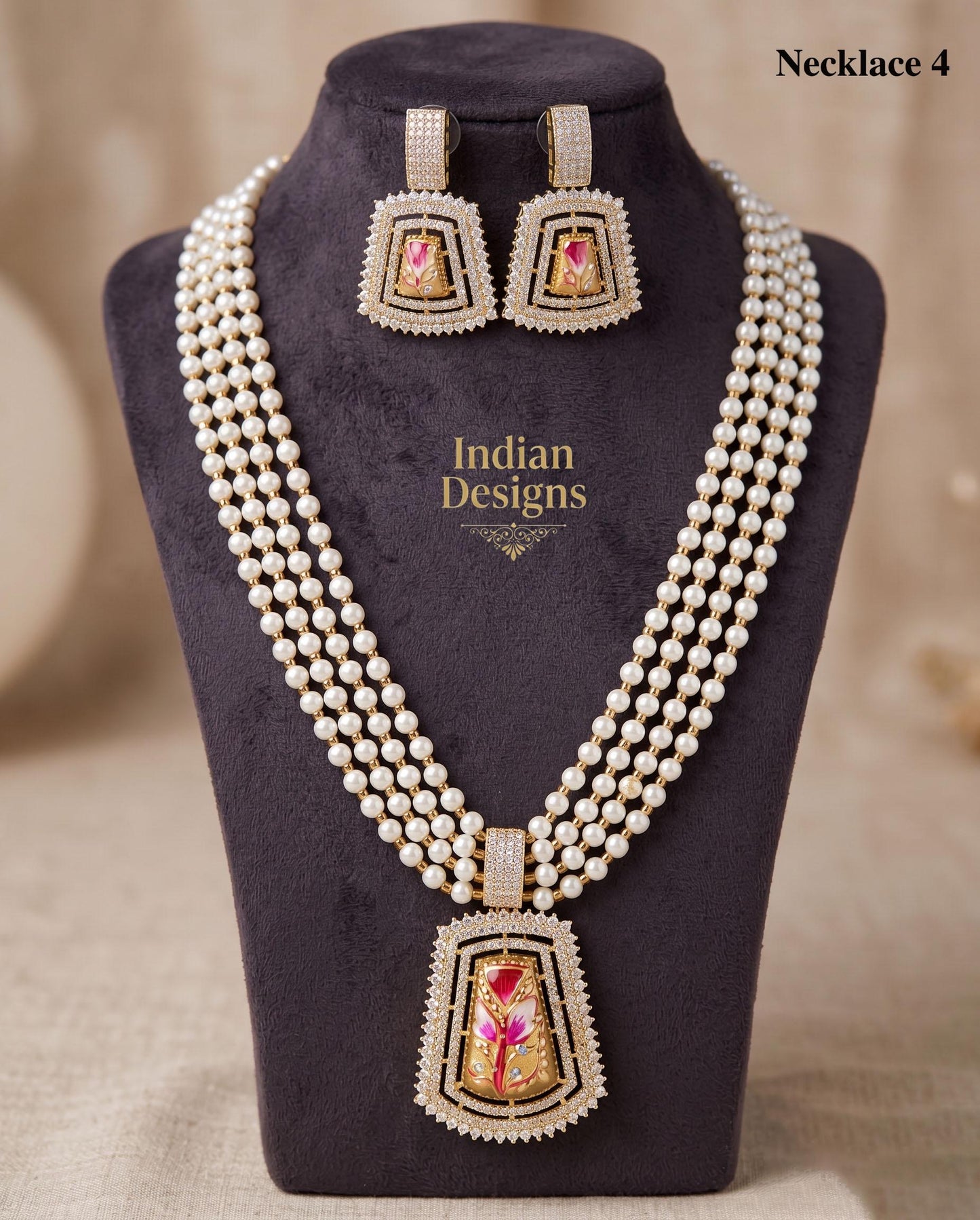Multi strand pearl layered necklace| Synthetic Pearl Mala for Weddings & Bridal Wear| Hand-Painted Floral Enamel Pendant Set| gift for her