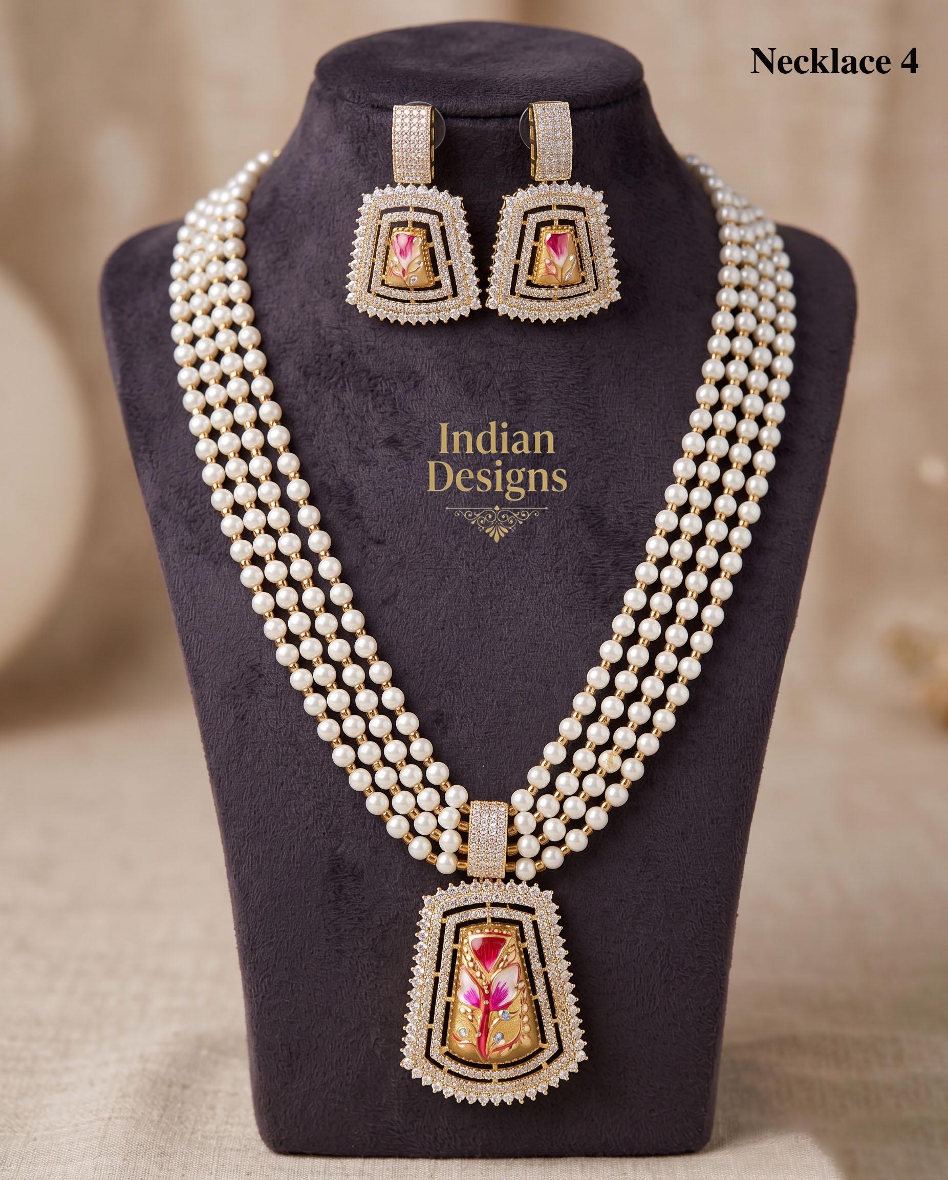 Multi strand pearl layered necklace| Synthetic Pearl Mala for Weddings & Bridal Wear| Hand-Painted Floral Enamel Pendant Set| gift for her
