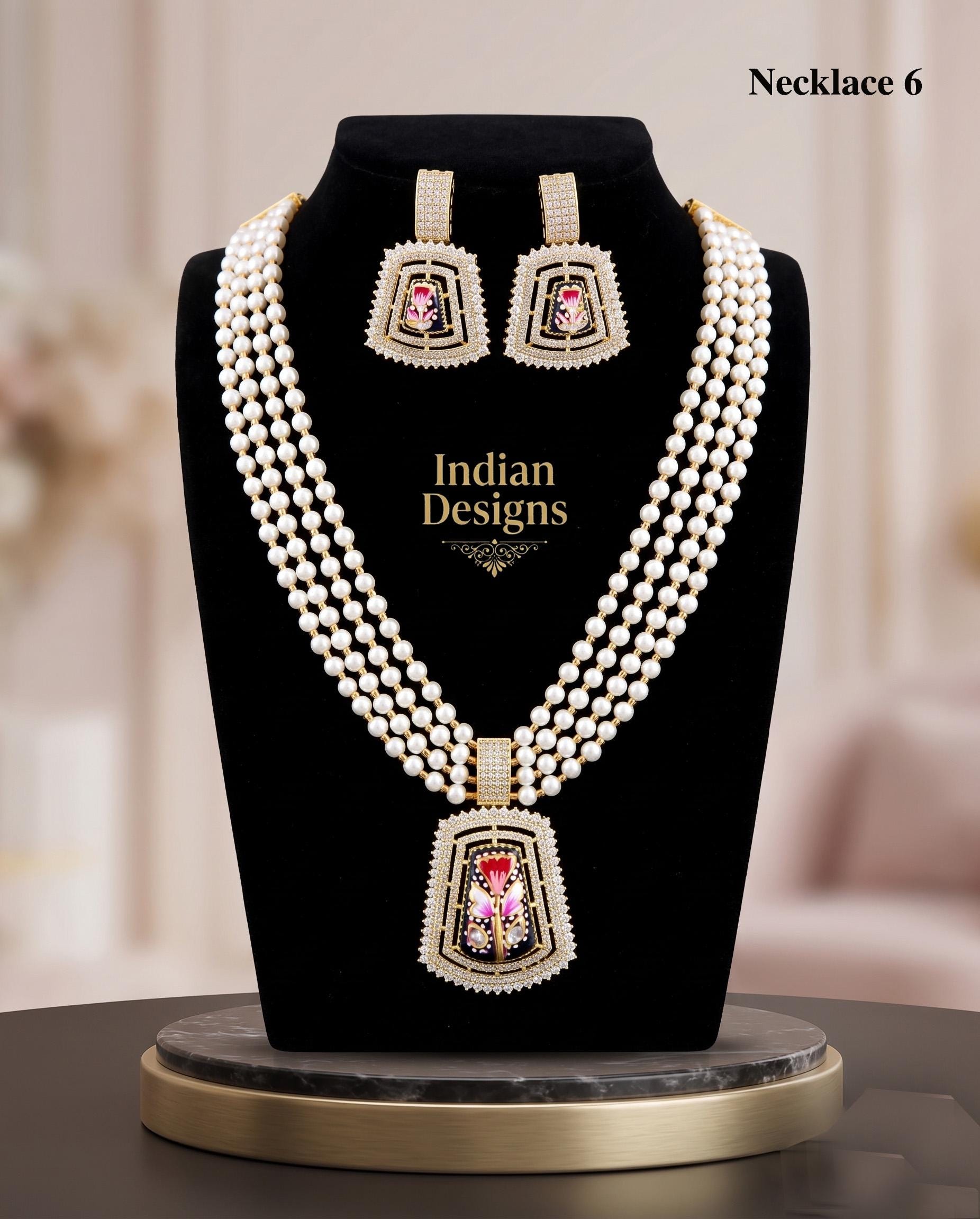 Multi strand pearl layered necklace| Synthetic Pearl Mala for Weddings & Bridal Wear| Hand-Painted Floral Enamel Pendant Set| gift for her