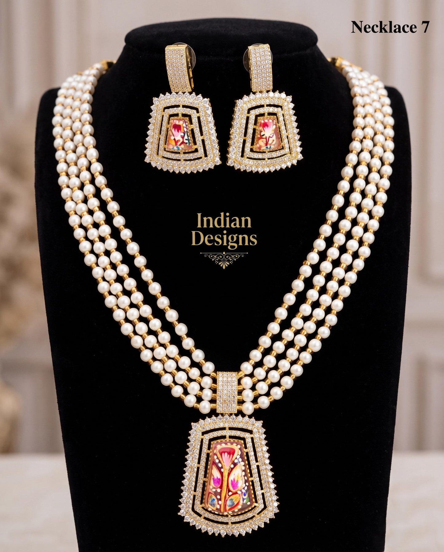 Multi strand pearl layered necklace| Synthetic Pearl Mala for Weddings & Bridal Wear| Hand-Painted Floral Enamel Pendant Set| gift for her