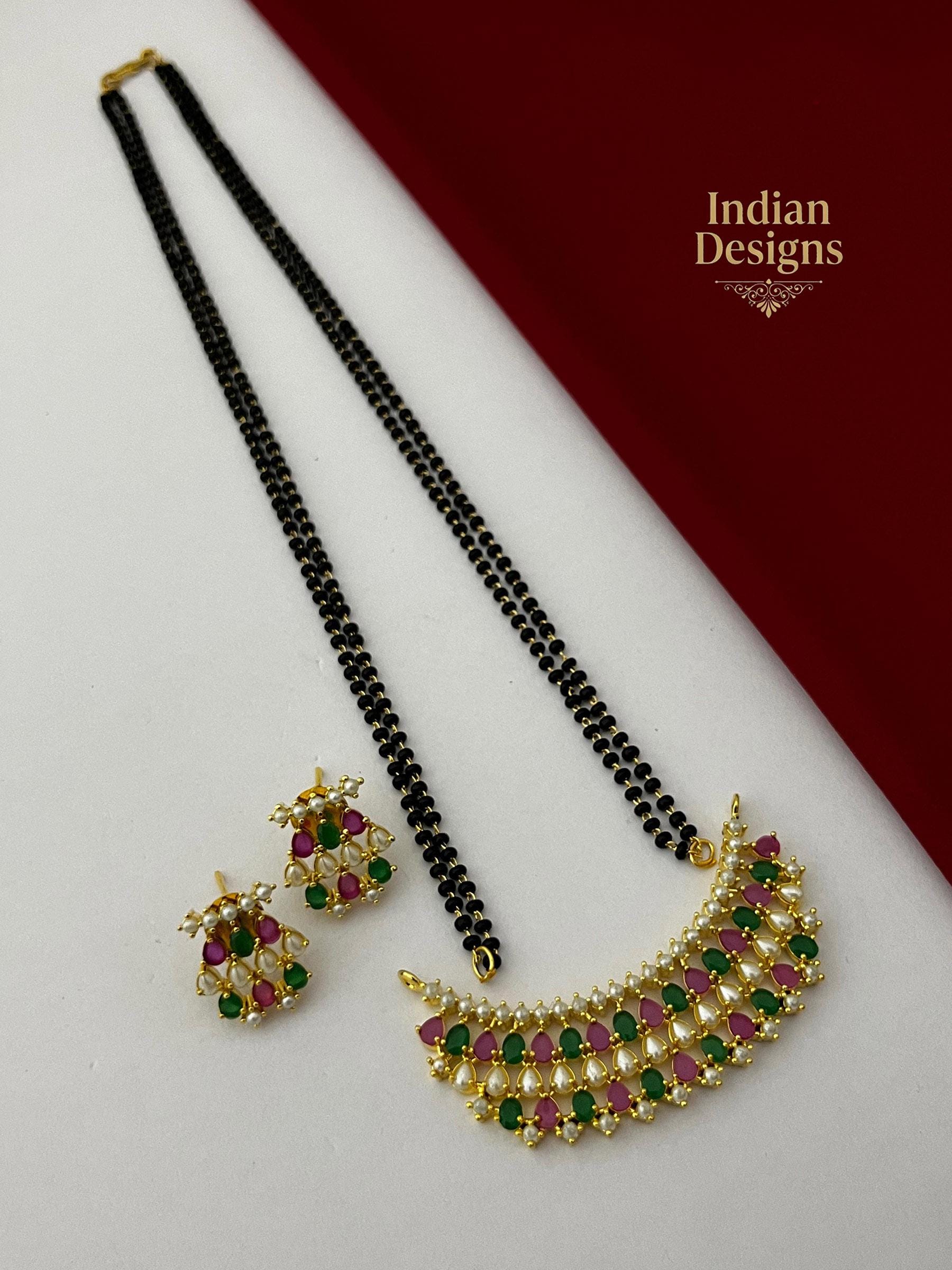 Indian Mangalsutra Necklace Set with Earrings| Gold Plated Black Bead Chain| Crescent Chandbali Pendant| Ruby Emerald Pearl Jewelry| gift