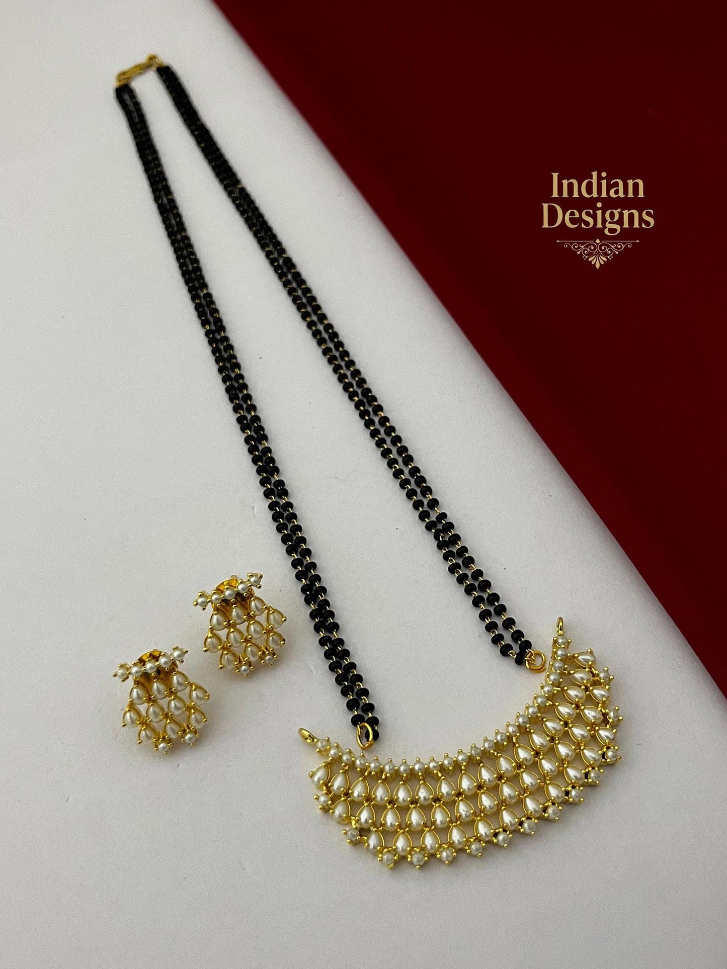 Indian Mangalsutra Necklace Set with Earrings| Gold Plated Black Bead Chain| Crescent Chandbali Pendant| Ruby Emerald Pearl Jewelry| gift