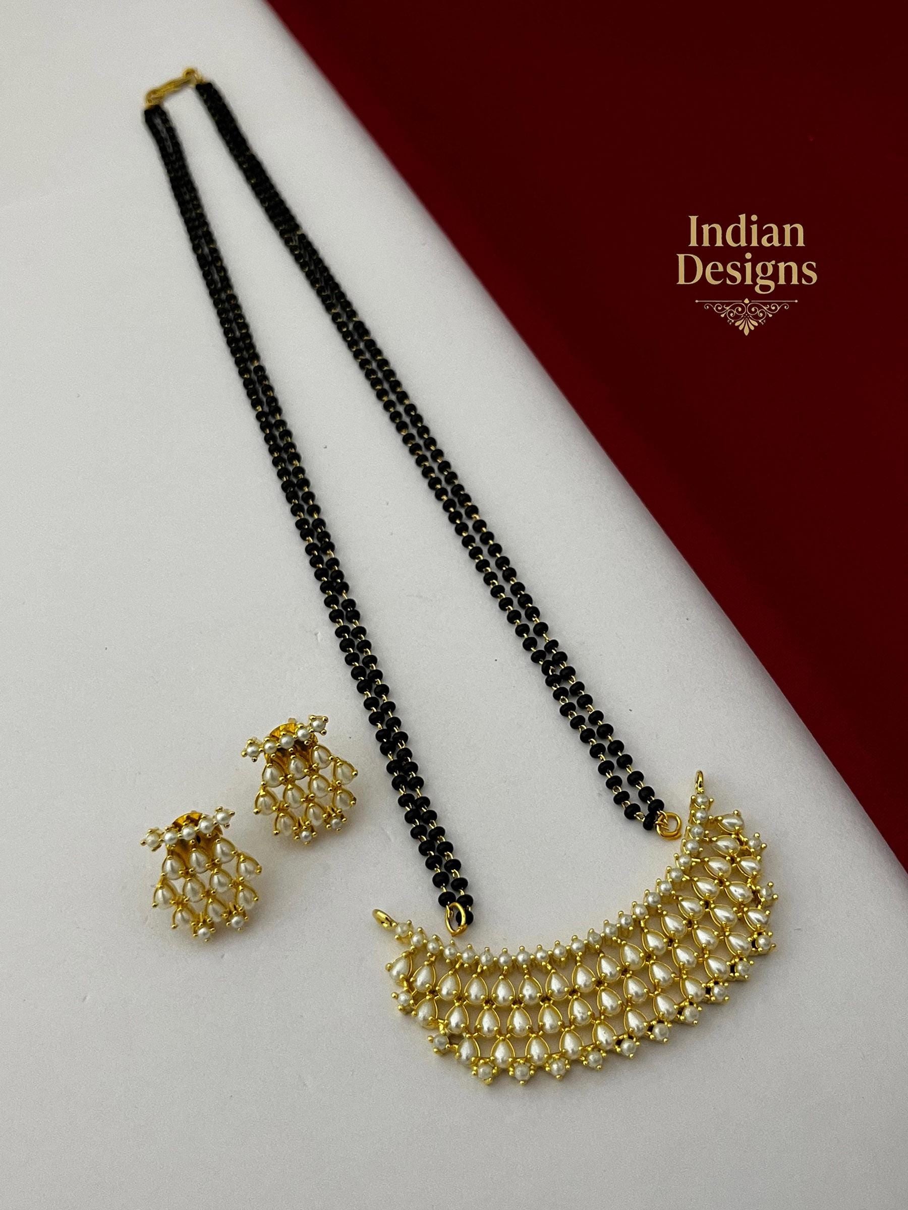 Indian Mangalsutra Necklace Set with Earrings| Gold Plated Black Bead Chain| Crescent Chandbali Pendant| Ruby Emerald Pearl Jewelry| gift