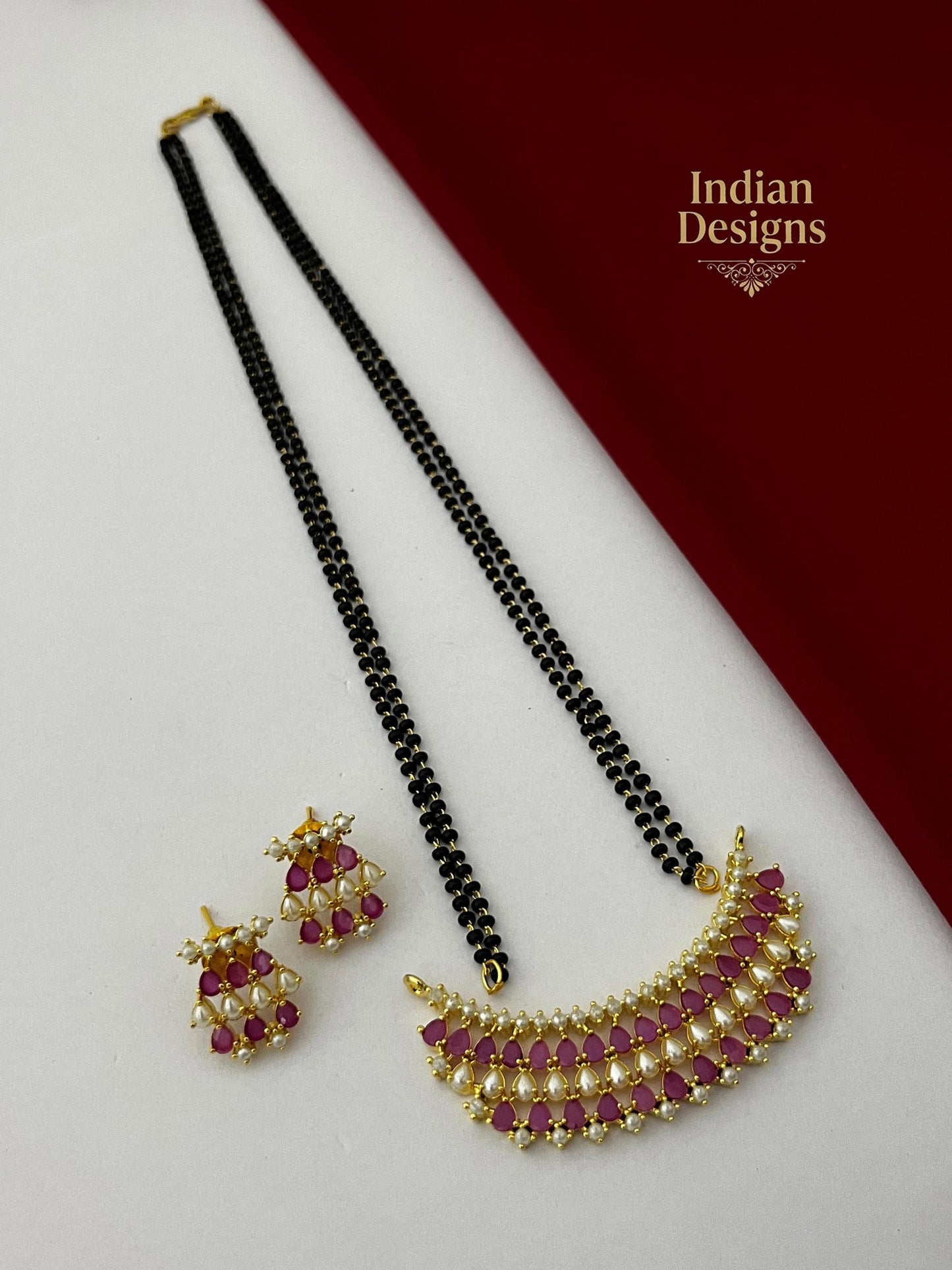 Indian Mangalsutra Necklace Set with Earrings| Gold Plated Black Bead Chain| Crescent Chandbali Pendant| Ruby Emerald Pearl Jewelry| gift