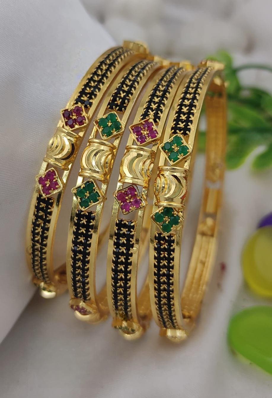 Indian Gold Plated Bangles with Black Beads, Ruby & Emerald AD stones| Traditional 1 Gram Gold Bangles| Party wear bracelets| Gift for Her