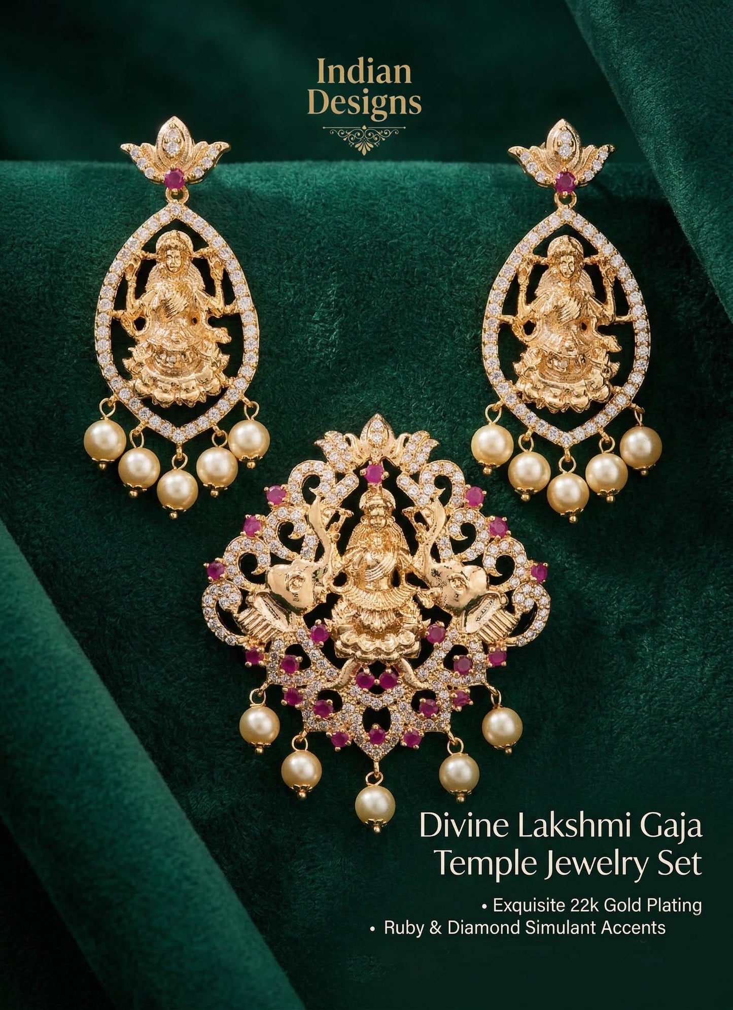 Lakshmi Temple Jewelry Pendant Set| Gold Plated Necklace Earrings| South Indian Bridal Jewelry| Ruby Green CZ Pearl Pendant Set|Gift for her