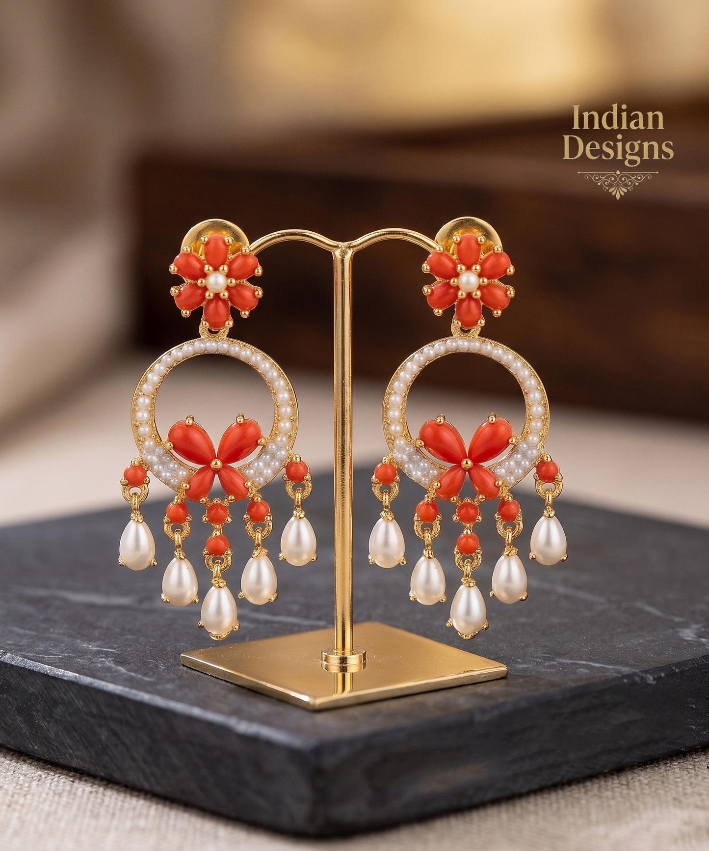 Gold Plated Pearl Drop Earrings with Ruby, Emerald, & Turquoise AD Stones| Floral Design Chandbalis|Pearl statement Earrings| Gift for her