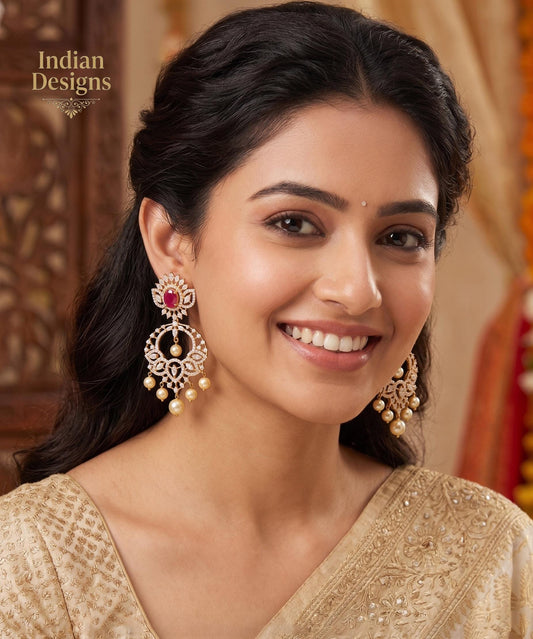Luxury Ruby Pearl Chandelier Earrings| Gold Plated Statement Drop Earrings| Indian Bridal Earrings| Wedding party earrings| Gift for her
