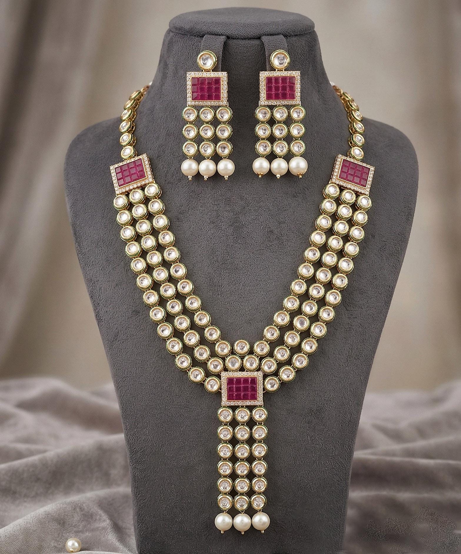 Kundan Meenakari Necklace Set with Earrings| 22k Gold Plated Rani Haar Long Necklace| Festive Wear Polki Jewelry Set for Desi Women USA