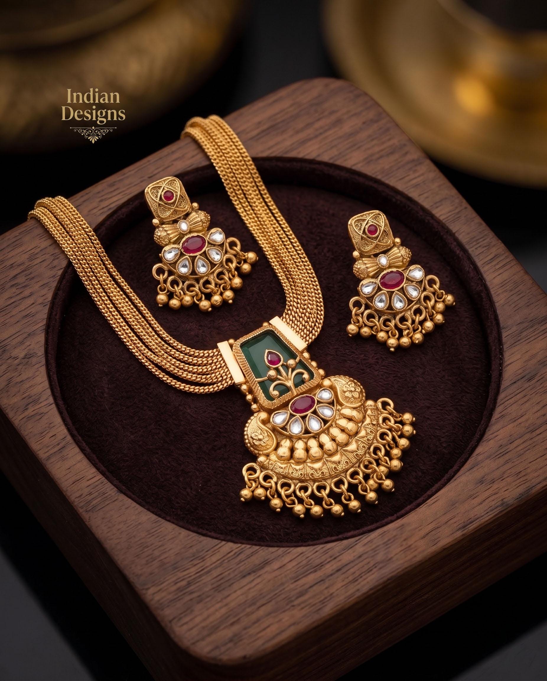 Antique Gold Plated Temple Jewelry Set| Traditional South Indian Matte Gold Necklace & Earrings| Indian Festive Wear Necklace| Gift for her