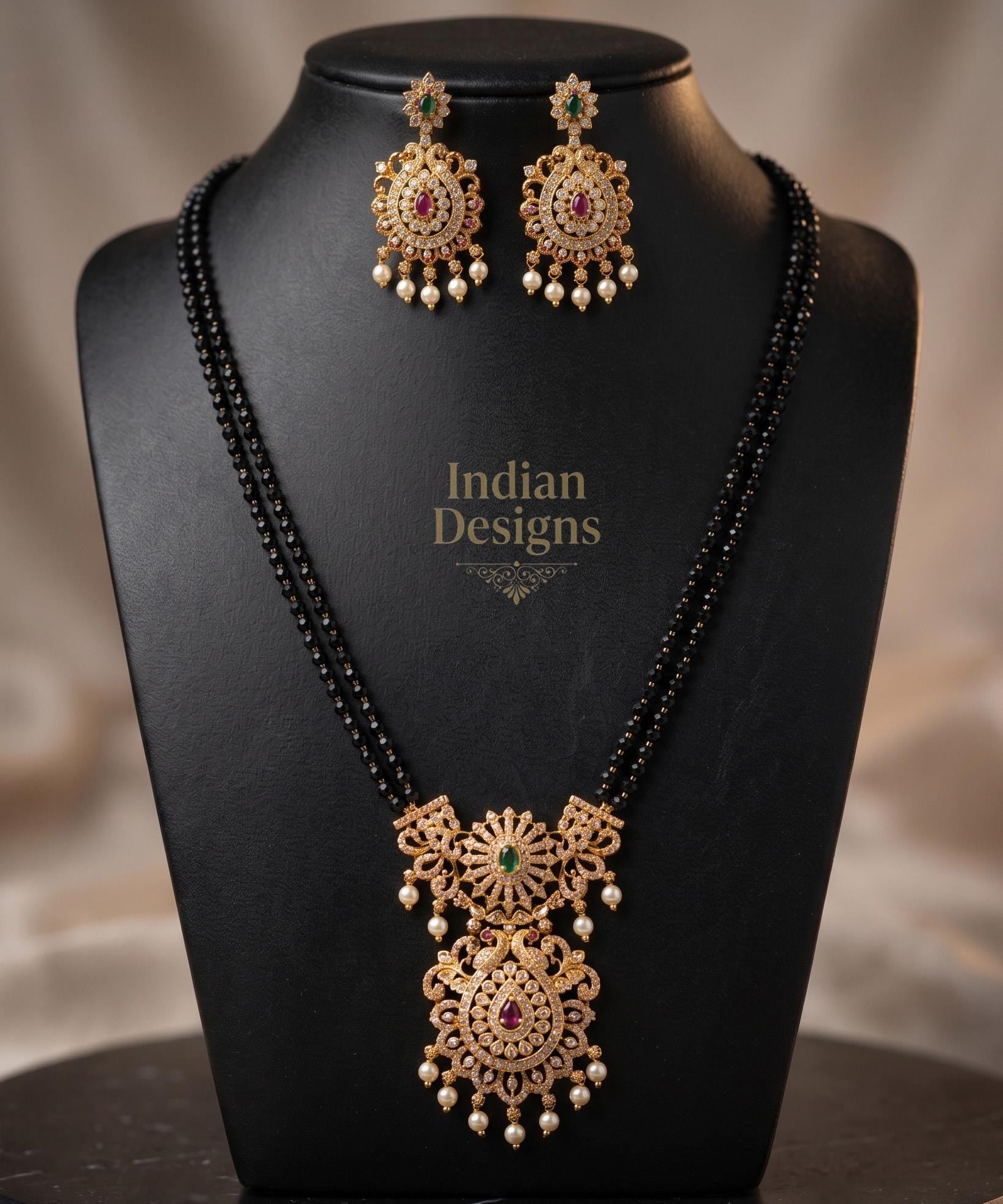 Traditional Indian Gold-Plated Double Layer Beaded Necklace & Earrings| Wedding Wear Mangalsutra for Women |Temple Jewelry SetGift for Her