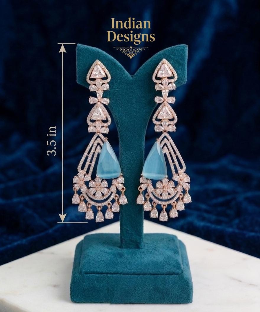 Rose Gold Emerald Chandbali Earrings| 3.5" Long CZ Diamond Floral Drop Earrings| Statement Dangle Earrings in Pink, Blue,Green| Gift for Her