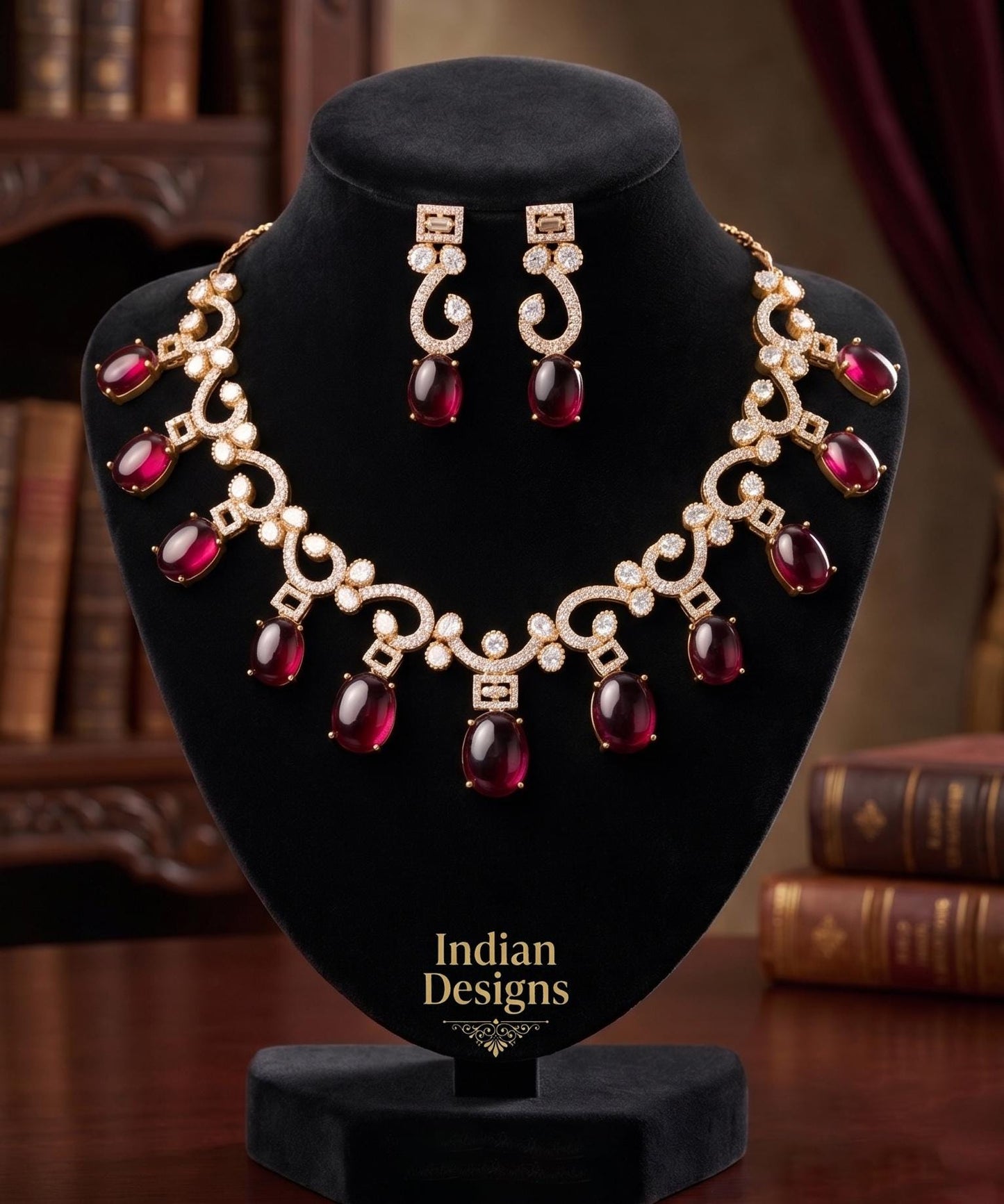 Emerald Green or Ruby Red Bridal Jewelry Set| American Diamond necklace| 18K Gold Plated Statement Choker and Teardrop Earrings|Gift for her