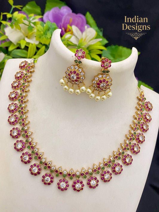 Kemp Stone Necklace Set with Jhumka Earrings| Antique Gold Plated Choker for Weddings| Guttapusalu Style Floral Jewelry Set | Gift for Her