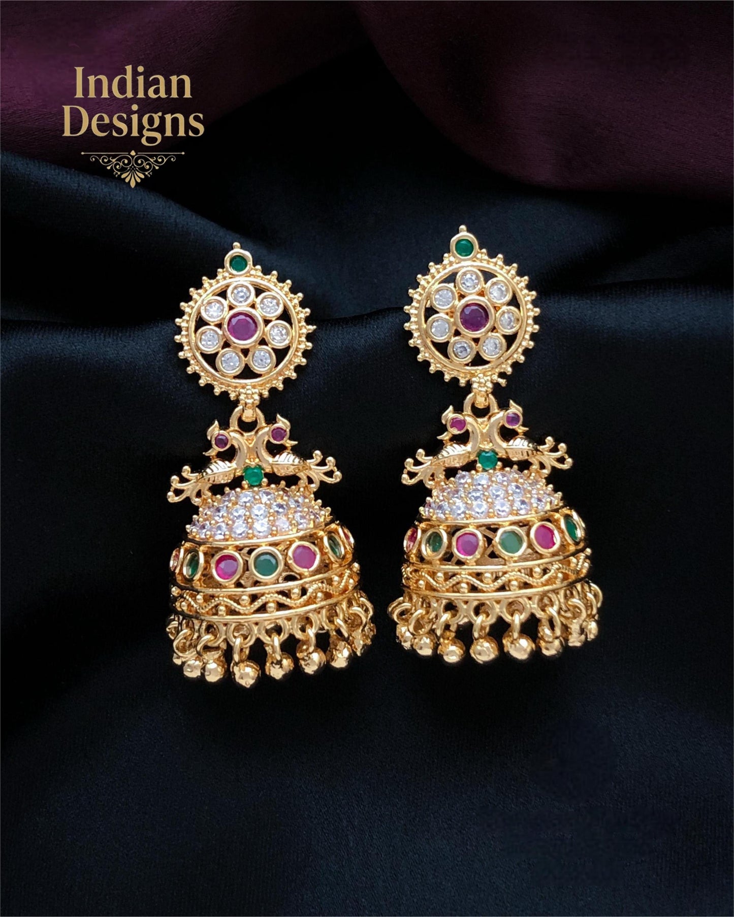 Traditional Peacock Jhumka Earrings| Gold Plated Indian Earrings with Ruby, Emerald & CZ Stones| Statement Jhumkas for Weddings|Gift for Her