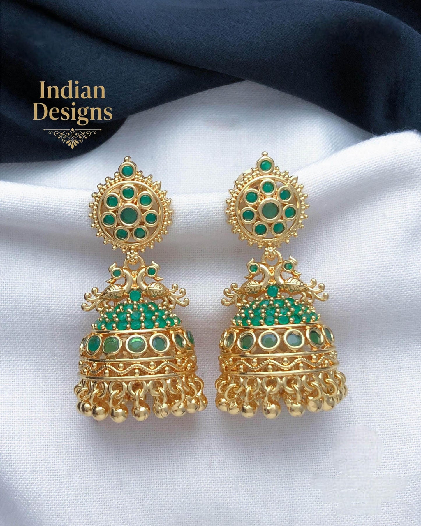 Traditional Peacock Jhumka Earrings| Gold Plated Indian Earrings with Ruby, Emerald & CZ Stones| Statement Jhumkas for Weddings|Gift for Her