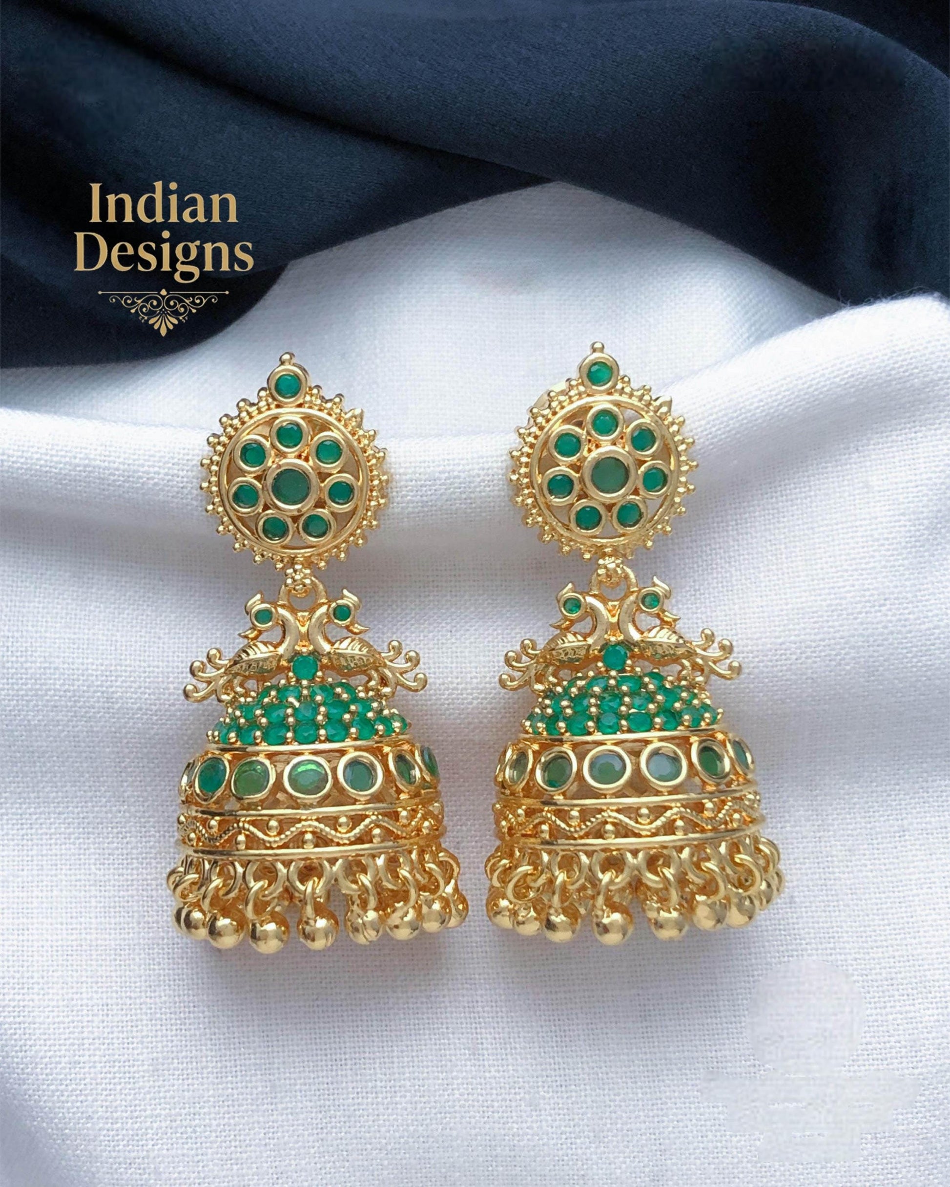Traditional Peacock Jhumka Earrings| Gold Plated Indian Earrings with Ruby, Emerald & CZ Stones| Statement Jhumkas for Weddings|Gift for Her