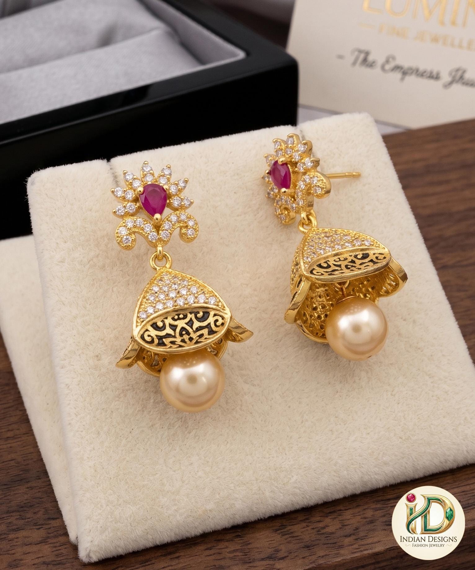 American Diamond Hot Pink CZ Fashion Jewelry Pearls Jhumka Earrings For Women|Classic CZ Golden Stone Ethnic Traditional Indian Earrings