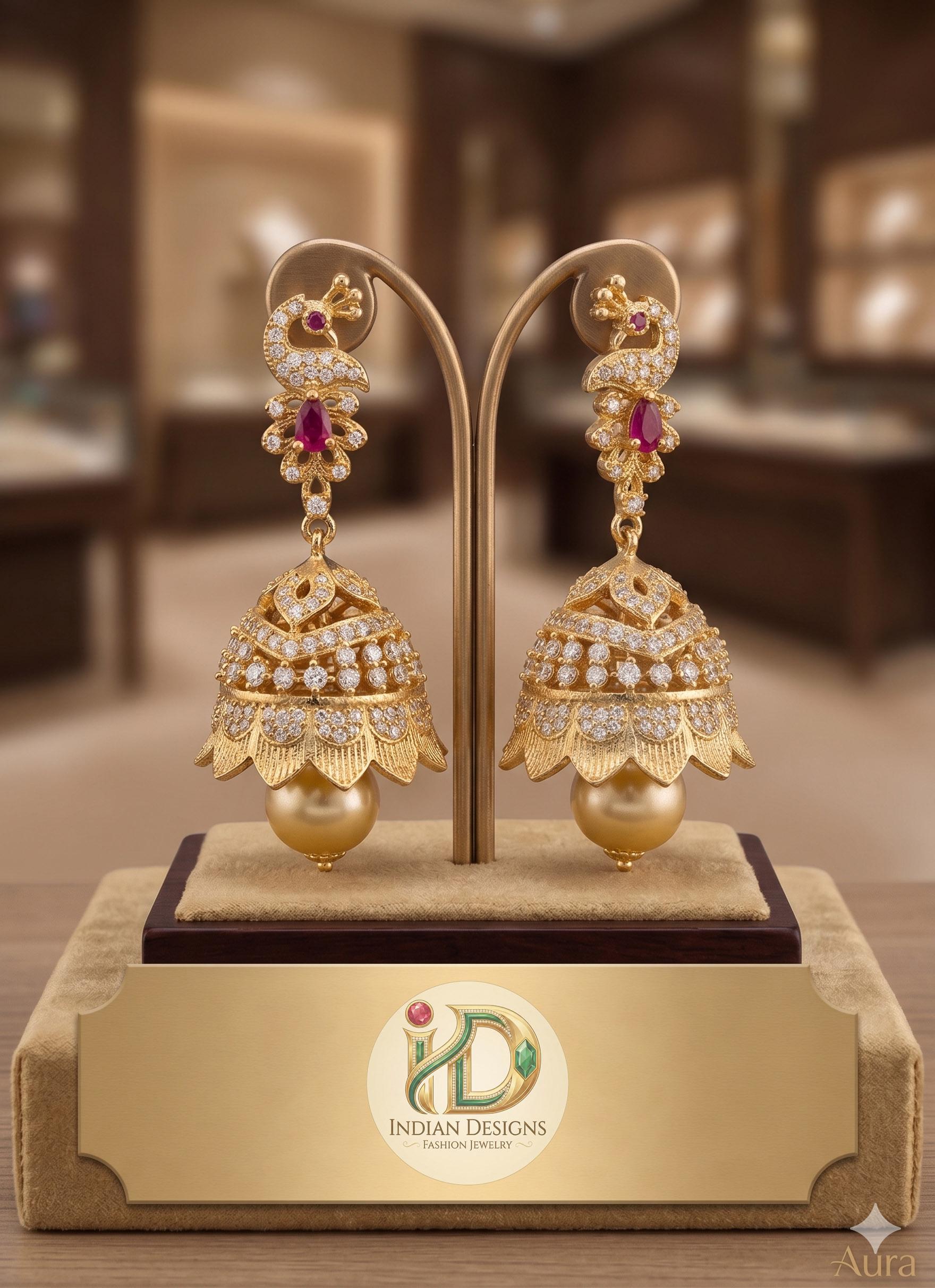 Exquisite Gold Plated AD Jhumka Earrings with Ruby Accents & Pearls| Peacock Dangle Jhumki| Wedding Jewelry, Traditional Indian Earring