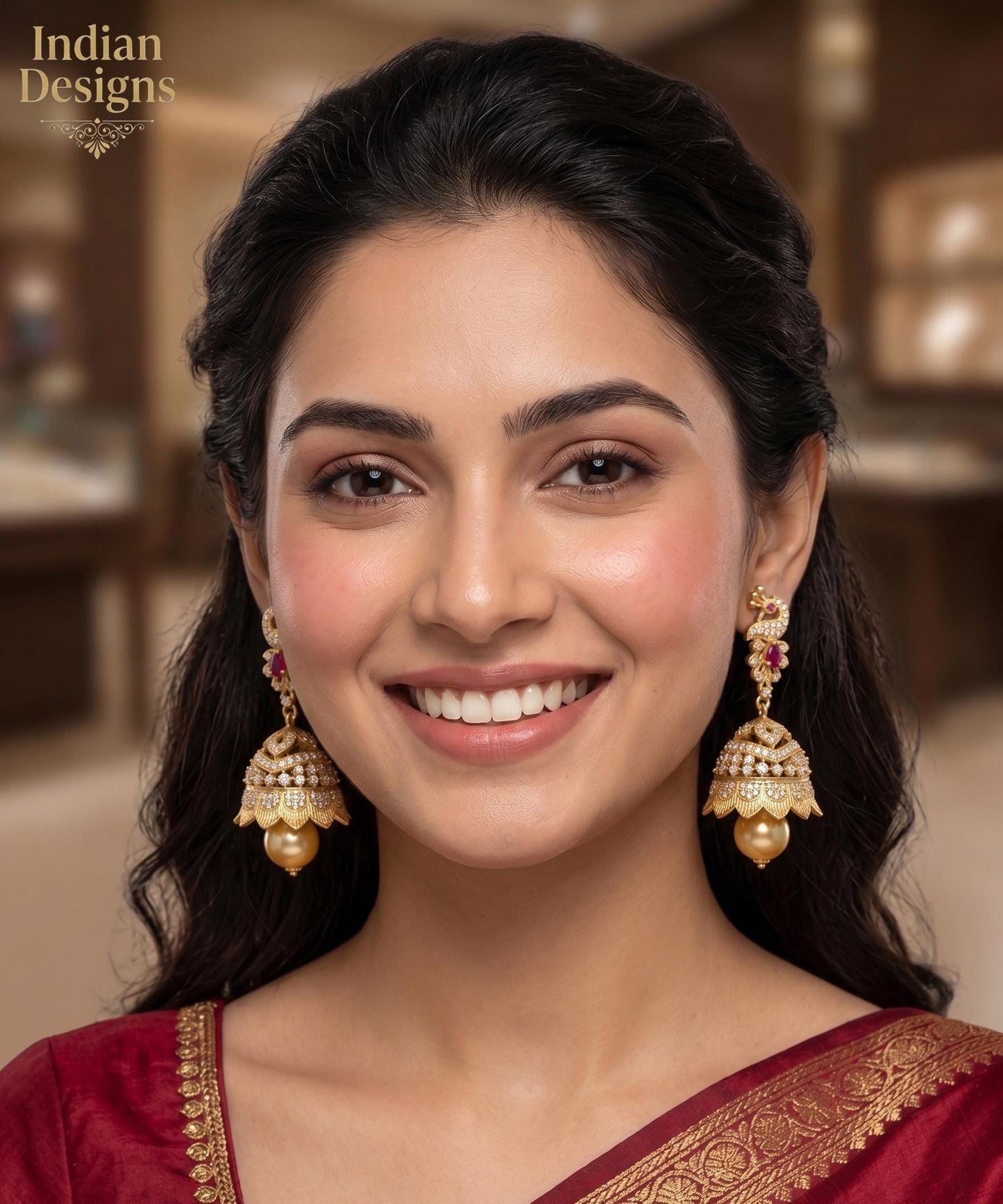 Exquisite Gold Plated AD Jhumka Earrings with Ruby Accents & Pearls| Peacock Dangle Jhumki| Wedding Jewelry, Traditional Indian Earring