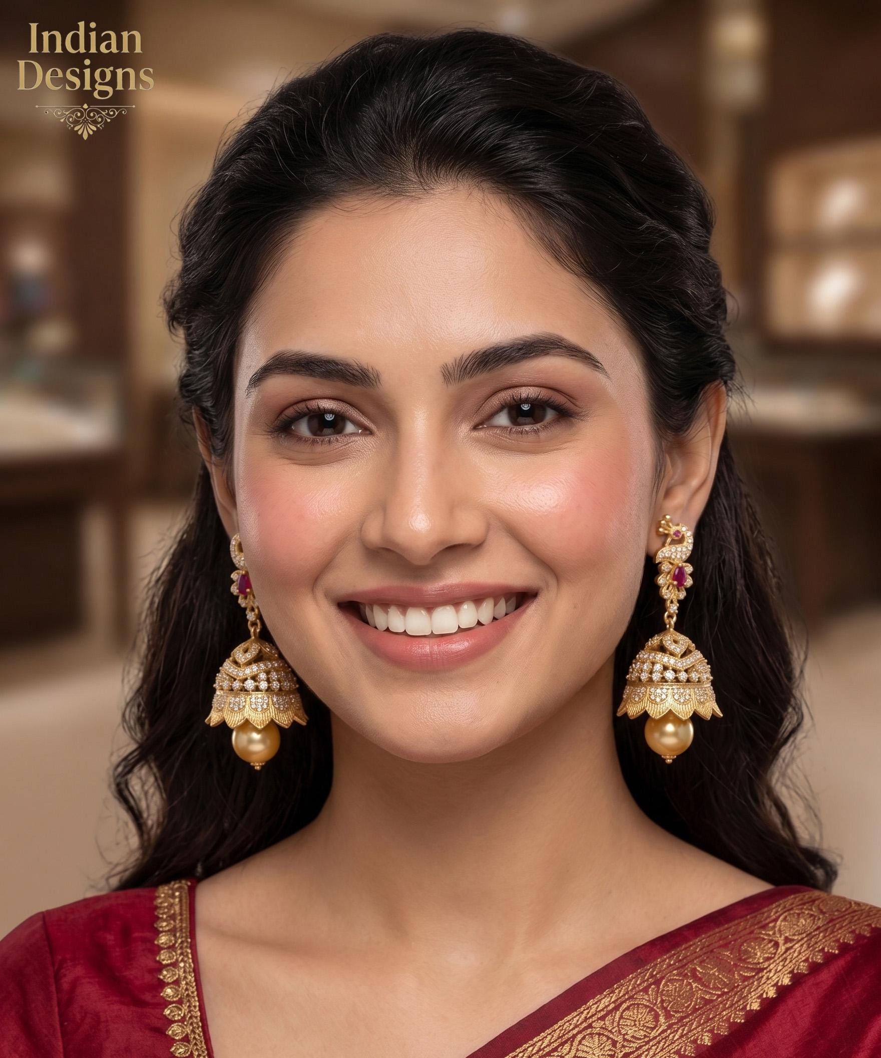 Exquisite Gold Plated AD Jhumka Earrings with Ruby Accents & Pearls| Peacock Dangle Jhumki| Wedding Jewelry, Traditional Indian Earring