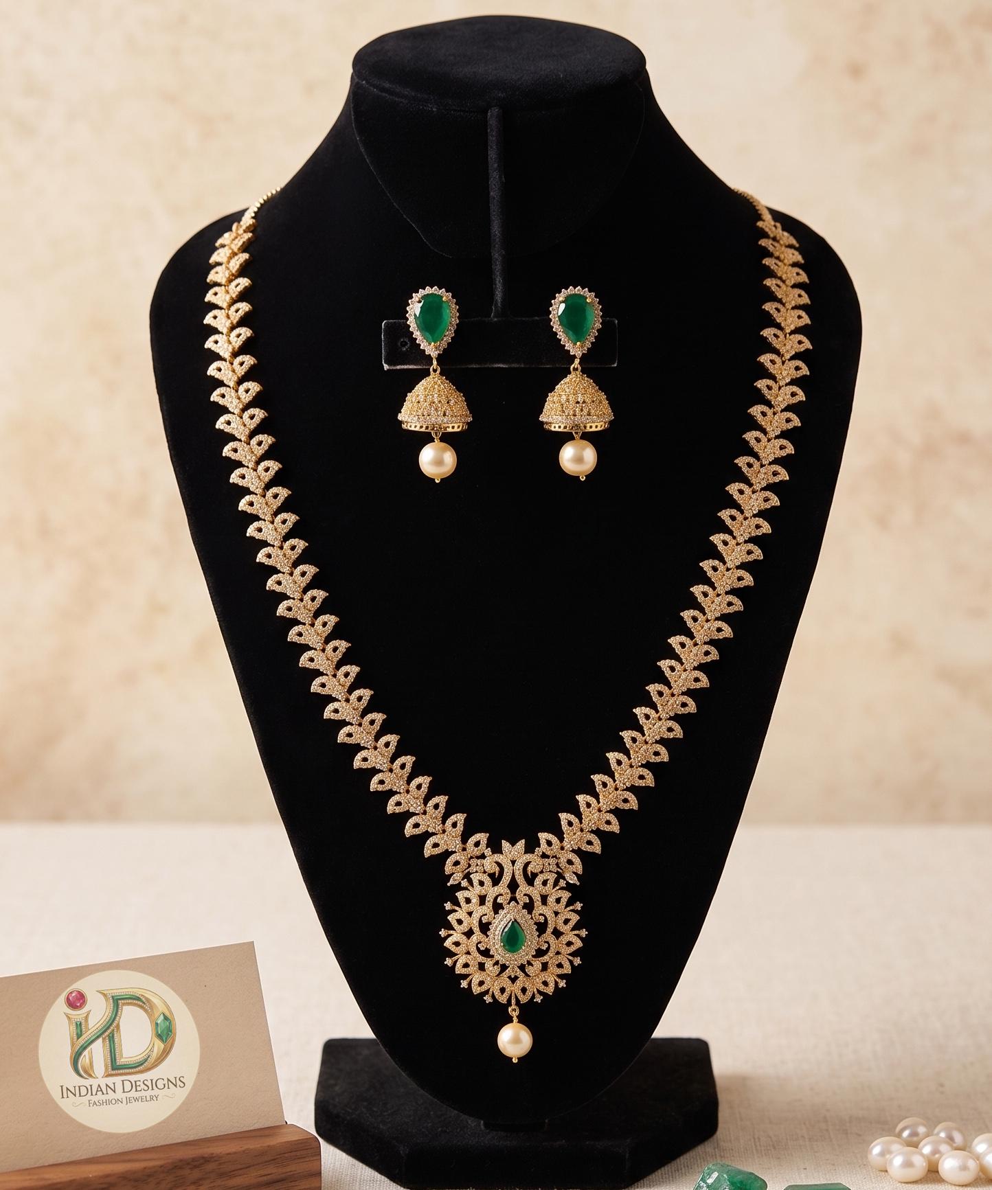 South Indian Long Haram Necklace & Jhumka Earrings| Traditional Gold Plated Bridal Jewellery| Guttapusalu Style Wedding Jewelry • Ruby Set