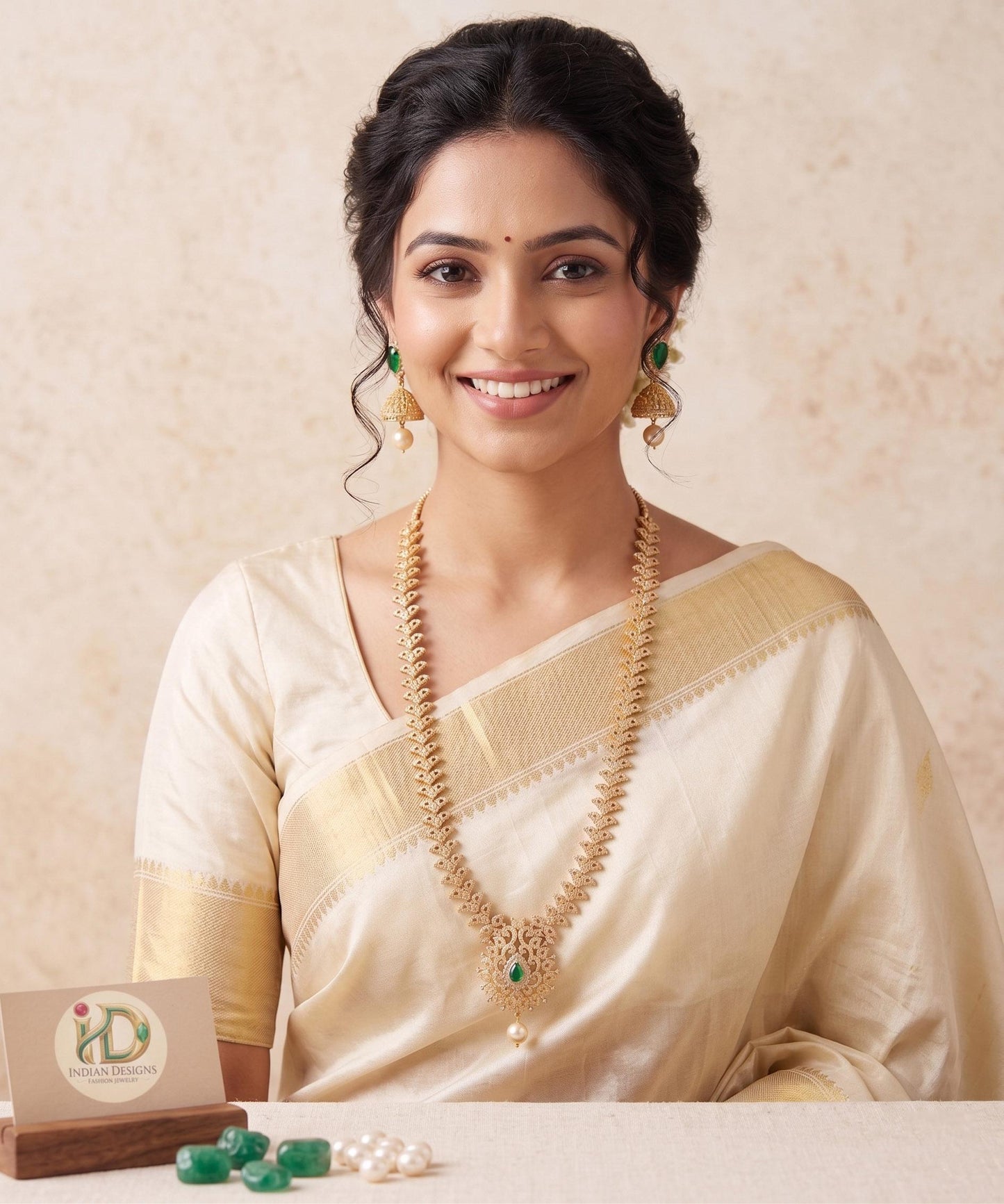 South Indian Long Haram Necklace & Jhumka Earrings| Traditional Gold Plated Bridal Jewellery| Guttapusalu Style Wedding Jewelry • Ruby Set