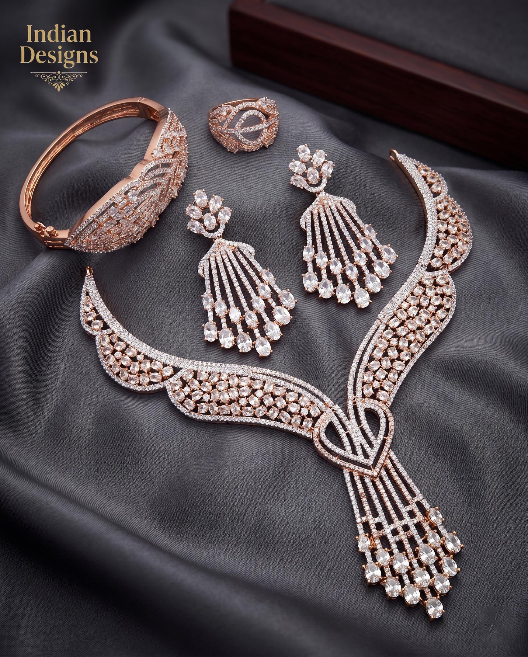Rose Gold Bridal Jewelry Set| Necklace Earrings Bangle Ring Set| Statement Jewelry| Indian Wedding Jewelry Party Jewelry Set Gift for Her