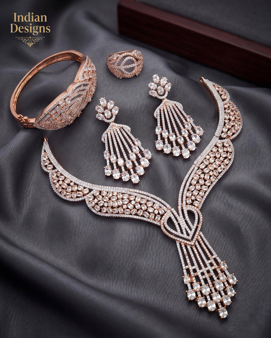 Rose Gold Bridal Jewelry Set| Necklace Earrings Bangle Ring Set| Statement Jewelry| Indian Wedding Jewelry Party Jewelry Set Gift for Her