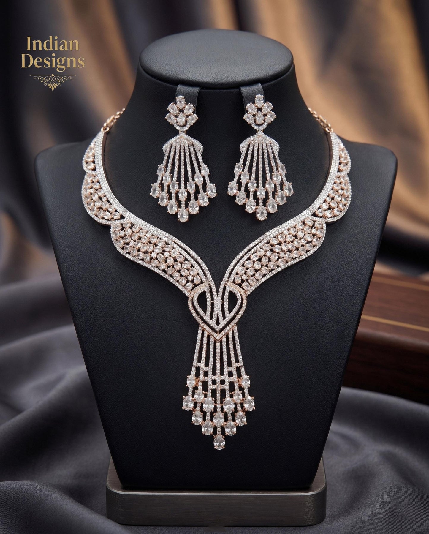Rose Gold Bridal Jewelry Set| Necklace Earrings Bangle Ring Set| Statement Jewelry| Indian Wedding Jewelry Party Jewelry Set Gift for Her