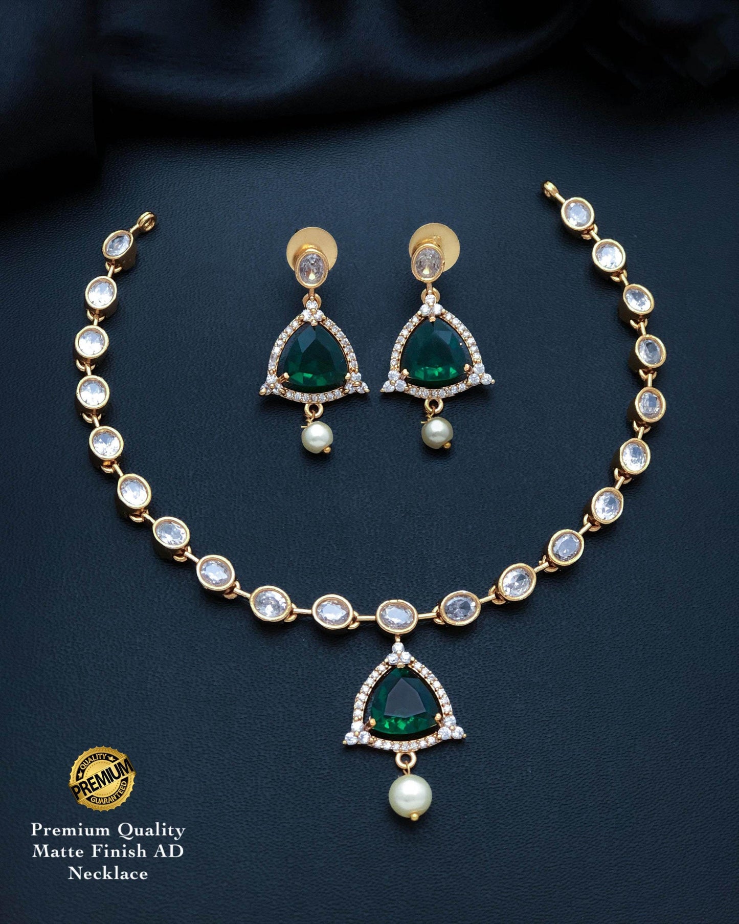 Matte Gold Finish AD Necklace Set with Triangular Stone & Pearl Drop| American Diamond Jewelry| Indian Wedding Choker| Gift for her