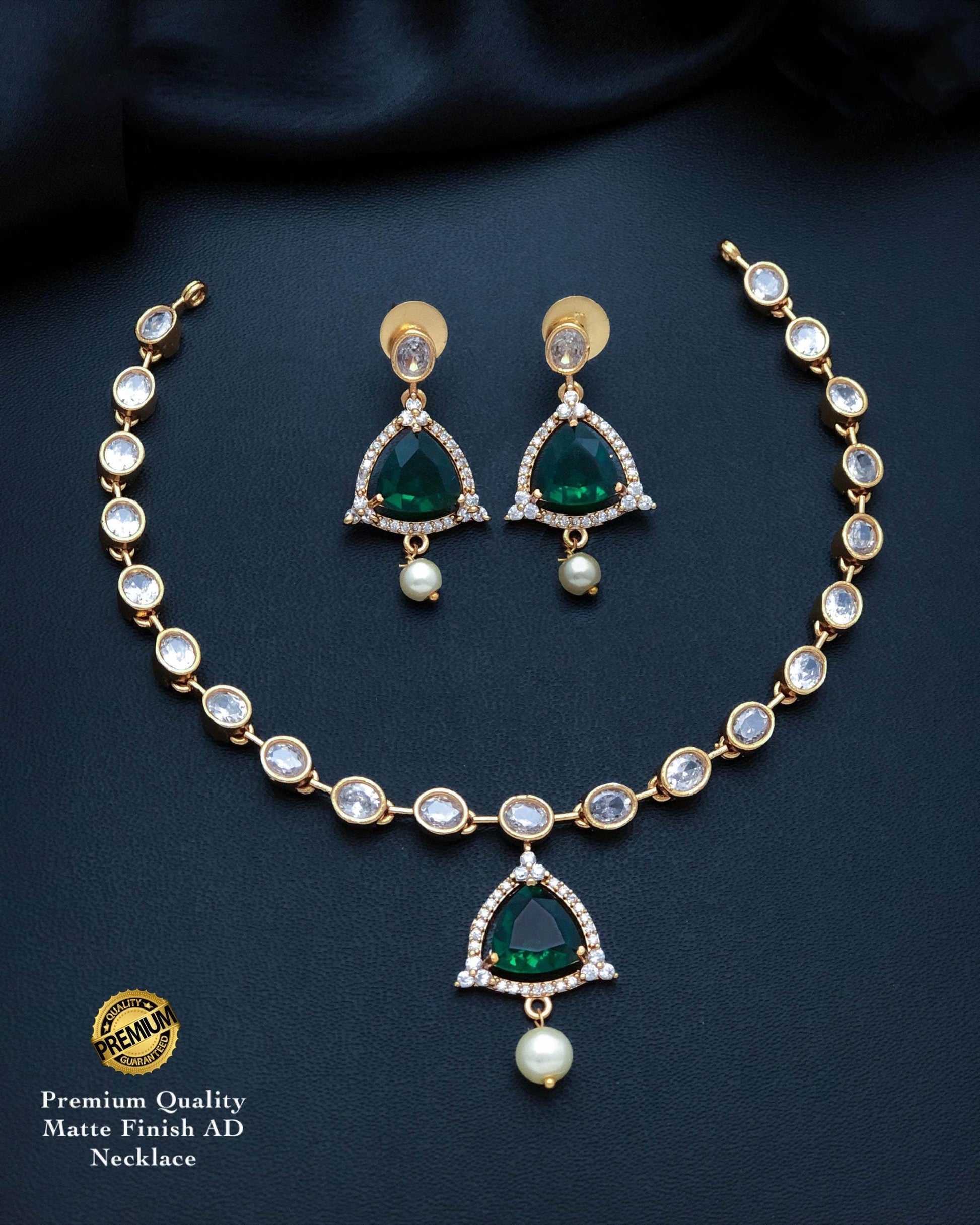 Matte Gold Finish AD Necklace Set with Triangular Stone & Pearl Drop| American Diamond Jewelry| Indian Wedding Choker| Gift for her